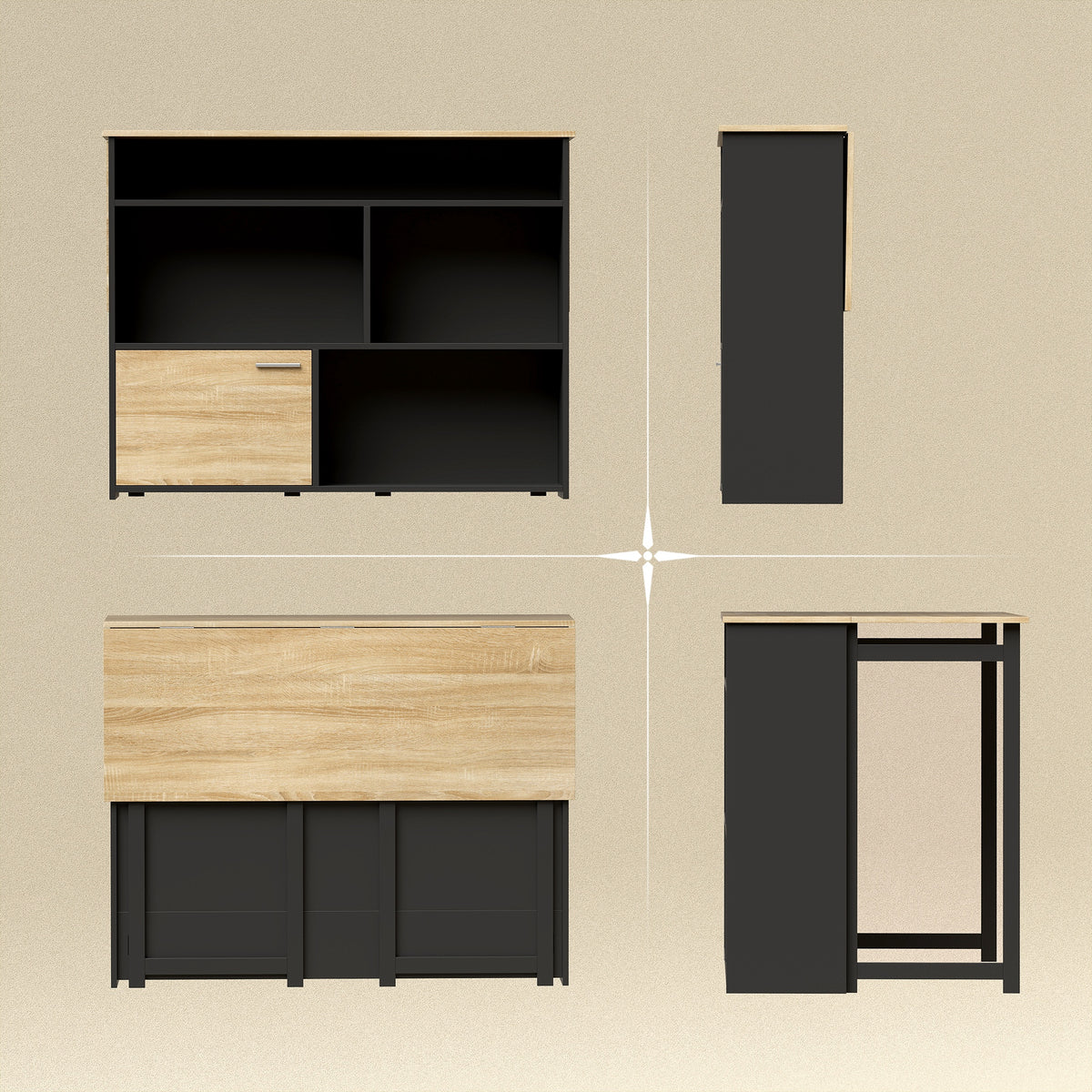 Table de bar extensible avec abattant, table haute cuisine, 1 placard et 4 compartiments ouverts, 116x79,6x90,5cm, noir