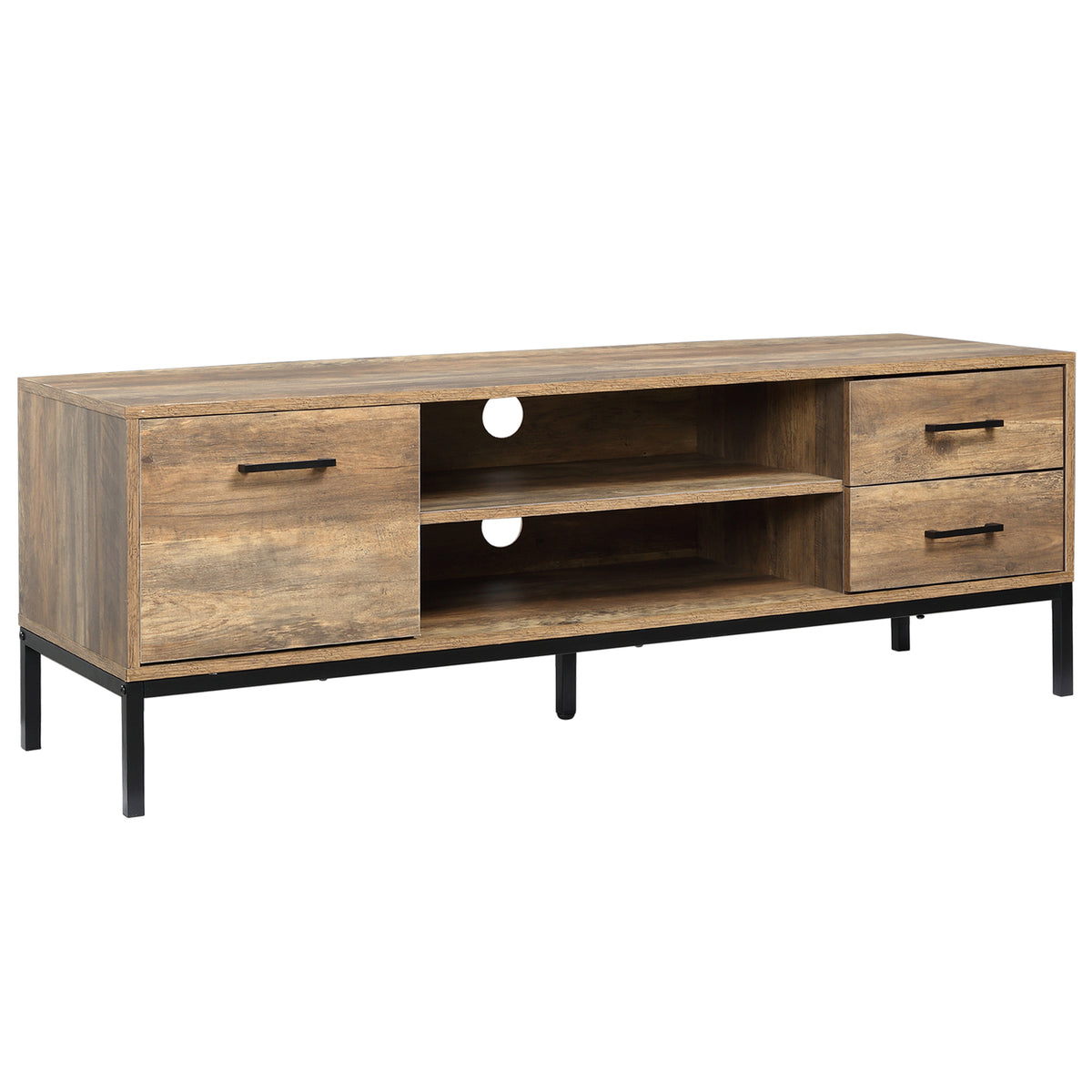 Meuble TV banc TV jusqu'à 50 pouces placard, 2 tiroirs et étagère - 2 passe-câbles - 132 x 39 x 45,5 cm marron noir