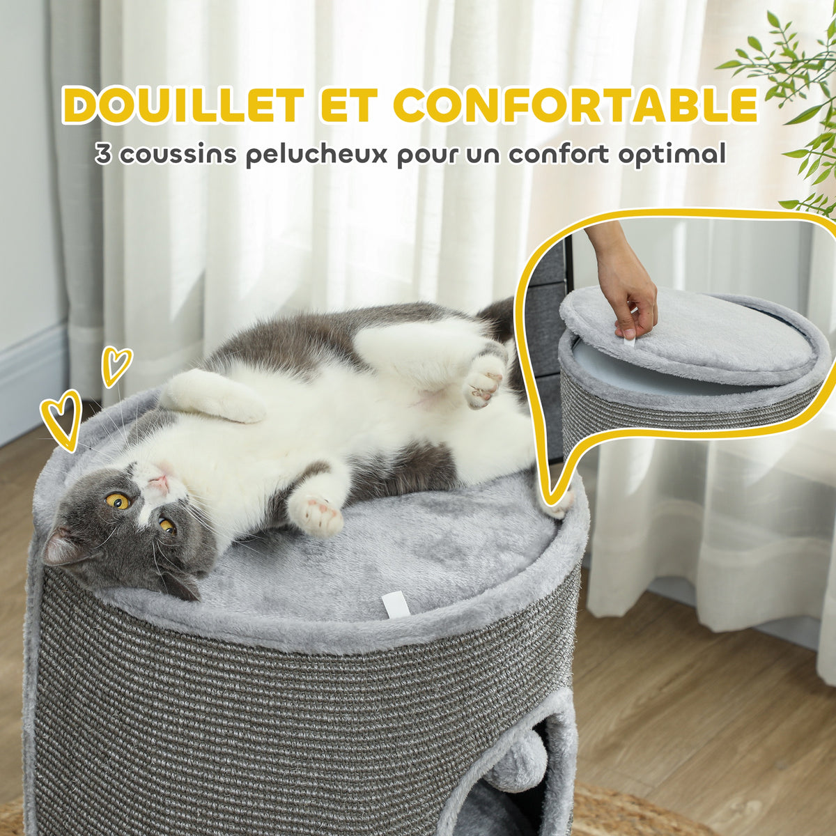 Tour pour chat modulable tonneau griffoir chat avec fermeture éclair séparable 3 niveaux deux balles Ø 42 x 69H cm gris