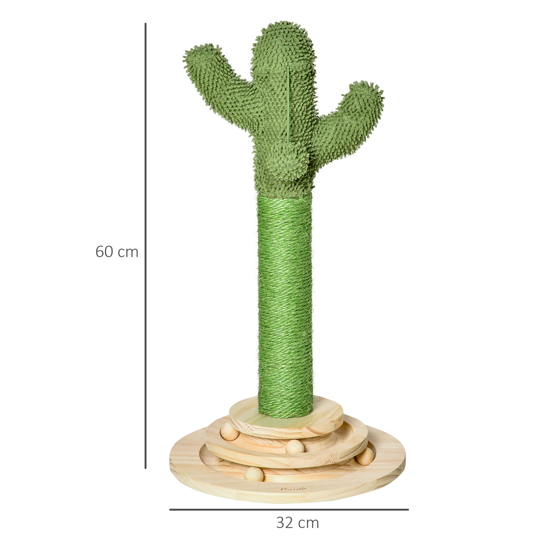 Arbre à chat griffoir forme de cactus en sisal naturel pompon suspendu et plateforme de jeu boules Ø 32 x 60 cm vert-2