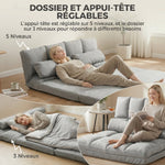 Chauffeuse 2 places canapé-lit convertible fauteuil de sol pliable dossier réglable 2 coussins inclus en polyester aspect suédé, pour salon, chambre et bureau, gris