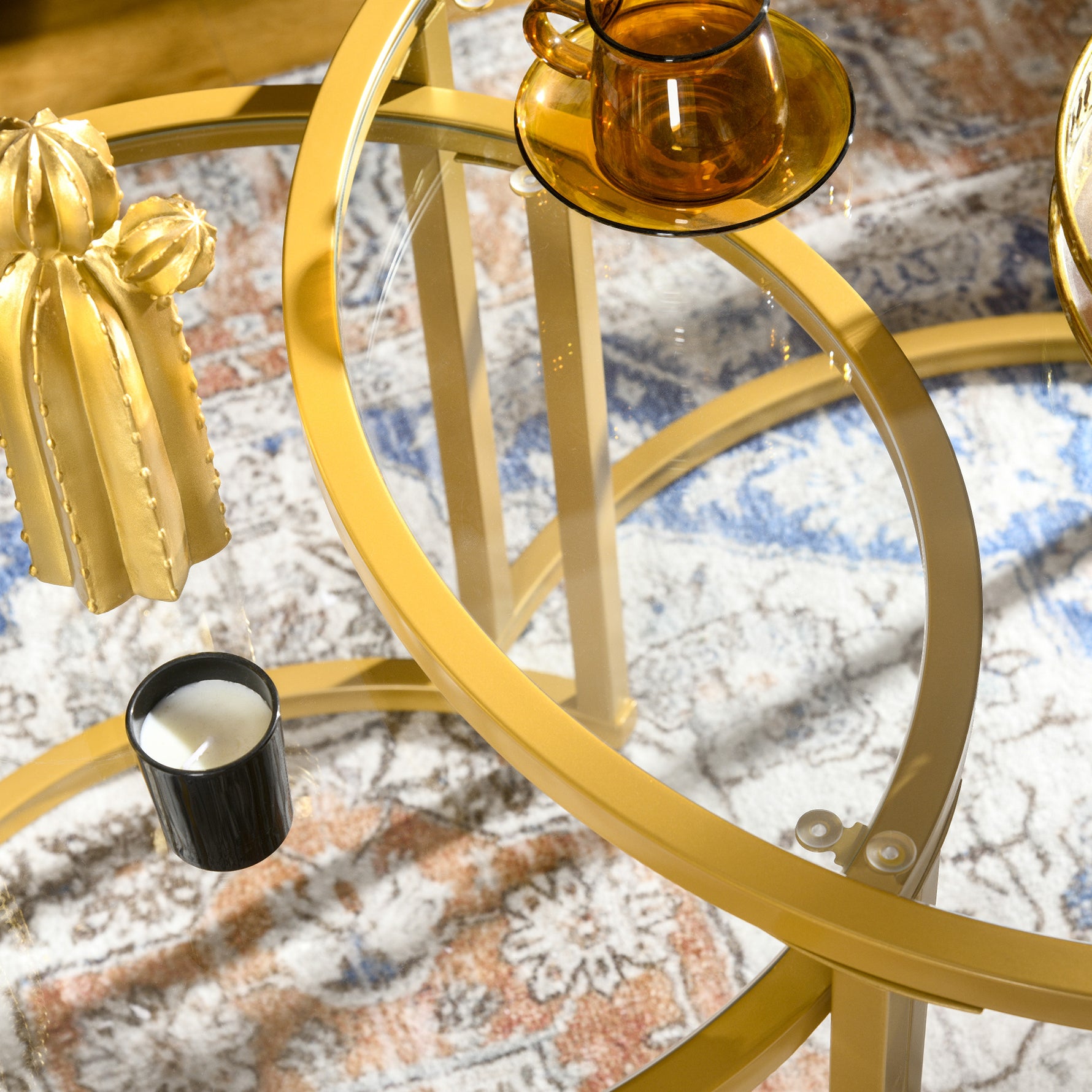 Lot de 2 tables basses gigognes rondes plateau verre trempé et pied en acier au carbone doré
