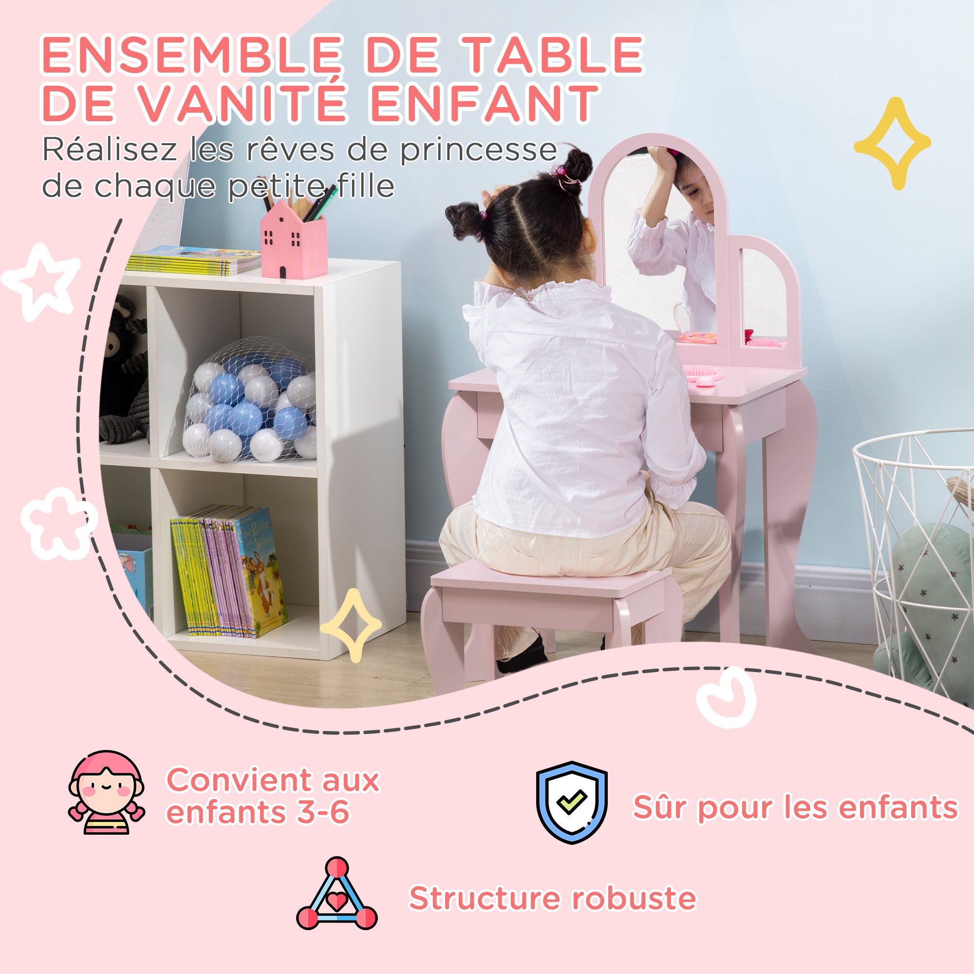 Coiffeuse pour enfant avec tabouret 3 miroirs et tiroir 3 à 6 ans 52 x 32 x 85 cm rose