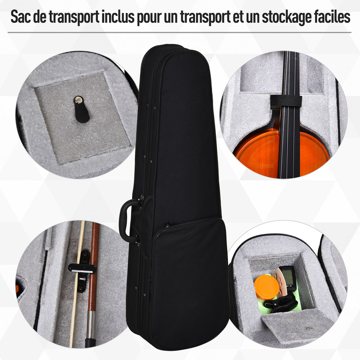 Violon 4/4 pleine grandeur avec étui, accordeur, épaulière, archet, colophane, cordes rechange et chiffon