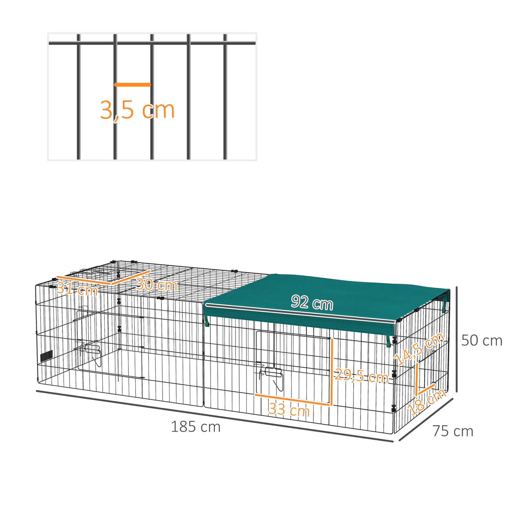 Parc enclos modulable acier avec bache pour lapins rongeurs petits animaux intérieur extérieur 185L x 75l x 50H cm vert
