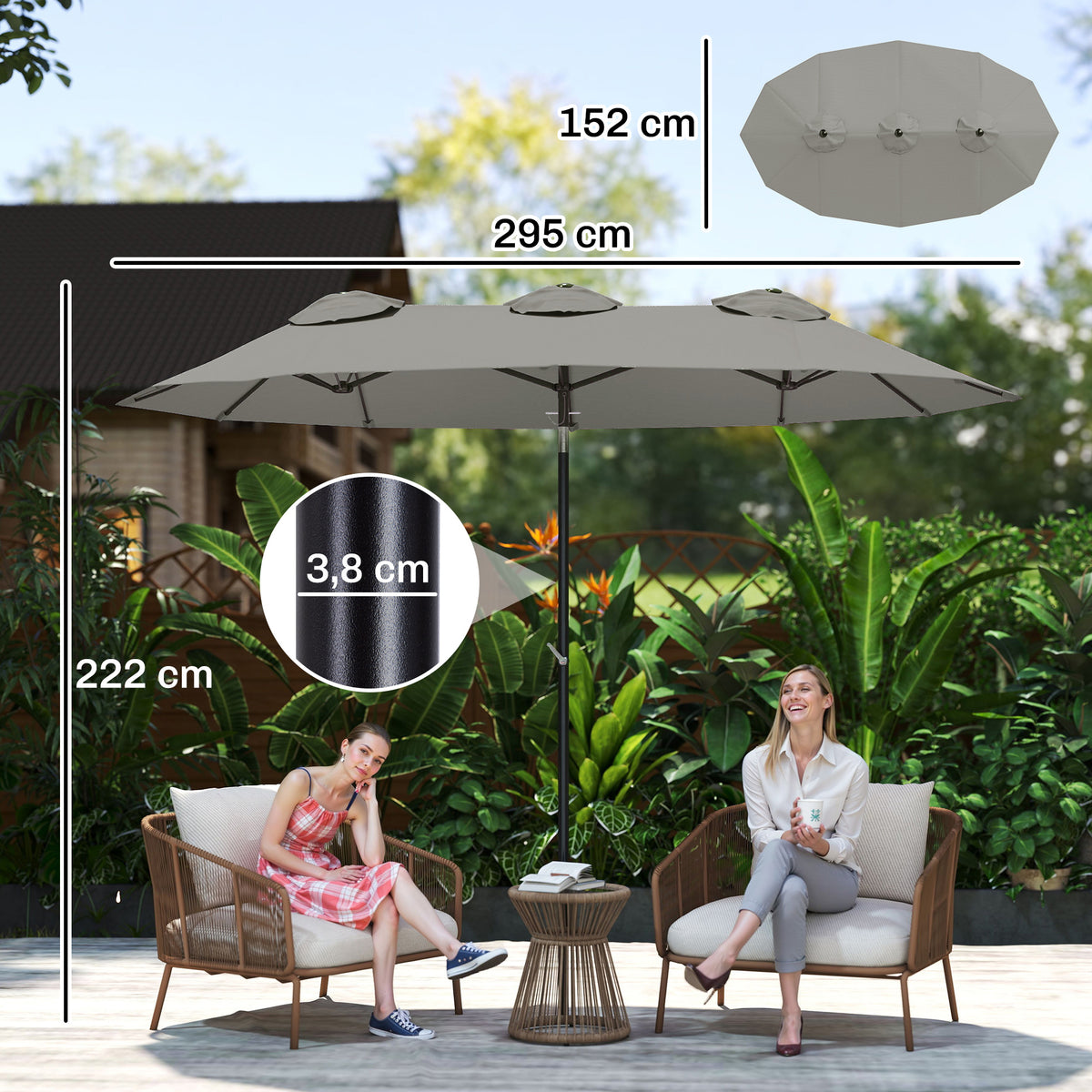 Neigbarer Garten- und Terrassen-Sonnenschirm 3 x 1,5 m, rechteckiger Doppelsonnenschirm mit Kurbel, Polyester 180 g/m², Grau