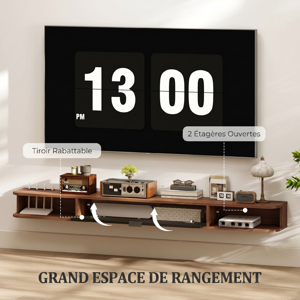 Meuble TV Suspendu, Meuble Télé pour Téléviseur jusqu'à 75 Pouces, Tiroir Rabattable, 2 Étagères, 180x24x16cm, Noyer