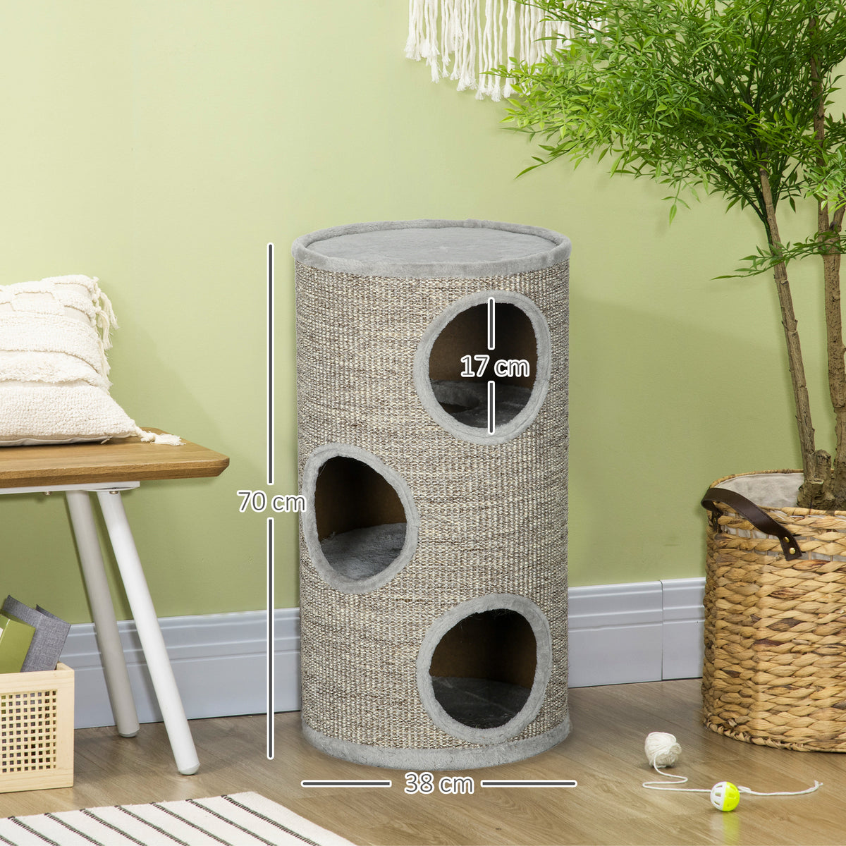 Tonneau à gratter pour chat, tour à griffer en sisal à 3 niveaux recouvert de peluche, Ø 38 x 70 cm, gris