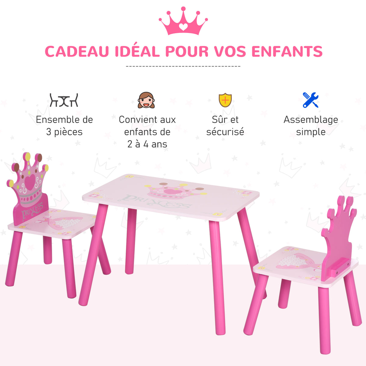 Ensemble table et 2 chaises enfant 3 pièces, pieds en bois massif, table avec chaise motif couronne, pour filles et garçons de 2 à 4 ans, rose