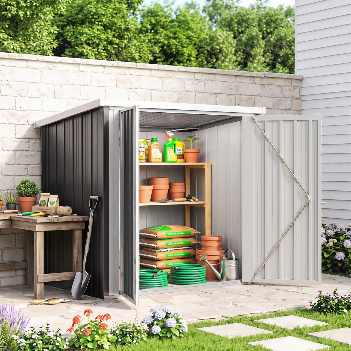 Abri de Jardin - cabane de jardin 1,09 m² - cabanon rangement outils 2 Portes verrouillables - dim. 147L x 86l x 134H cm - tôle d'acier Noir Blanc