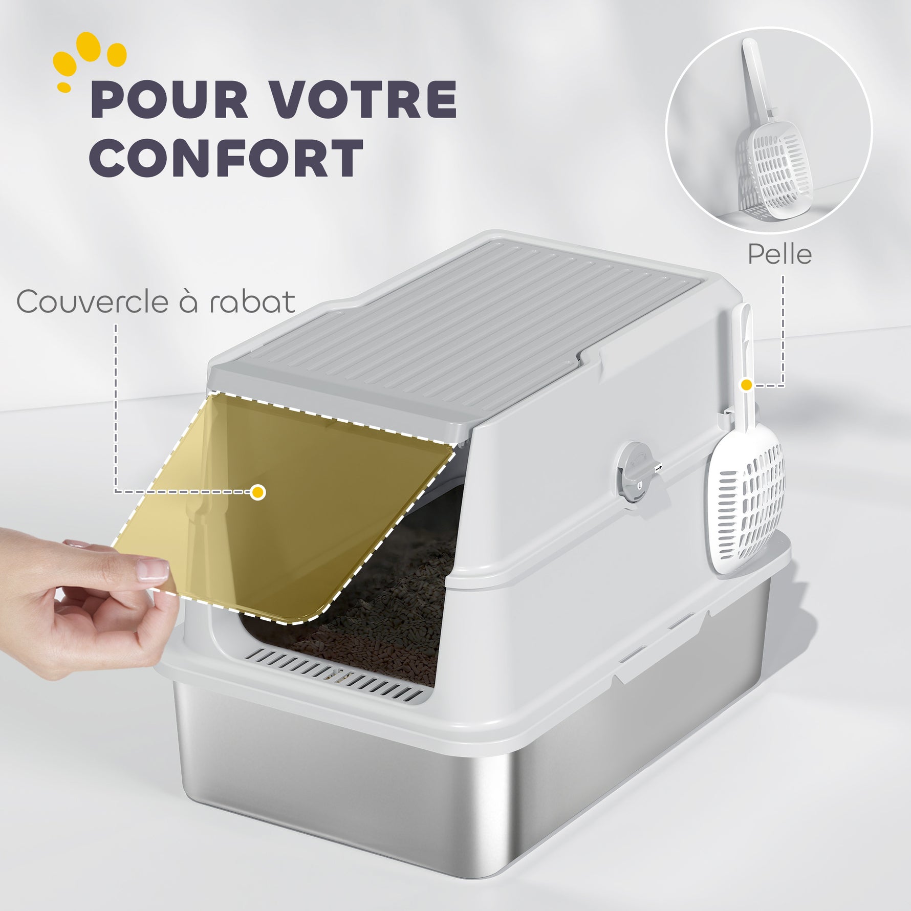 Bac à litière fermé XL en acier inoxydable, maison de toilette pour grand chat, 60,2 x 40,2 x 43,3 cm, gris clair