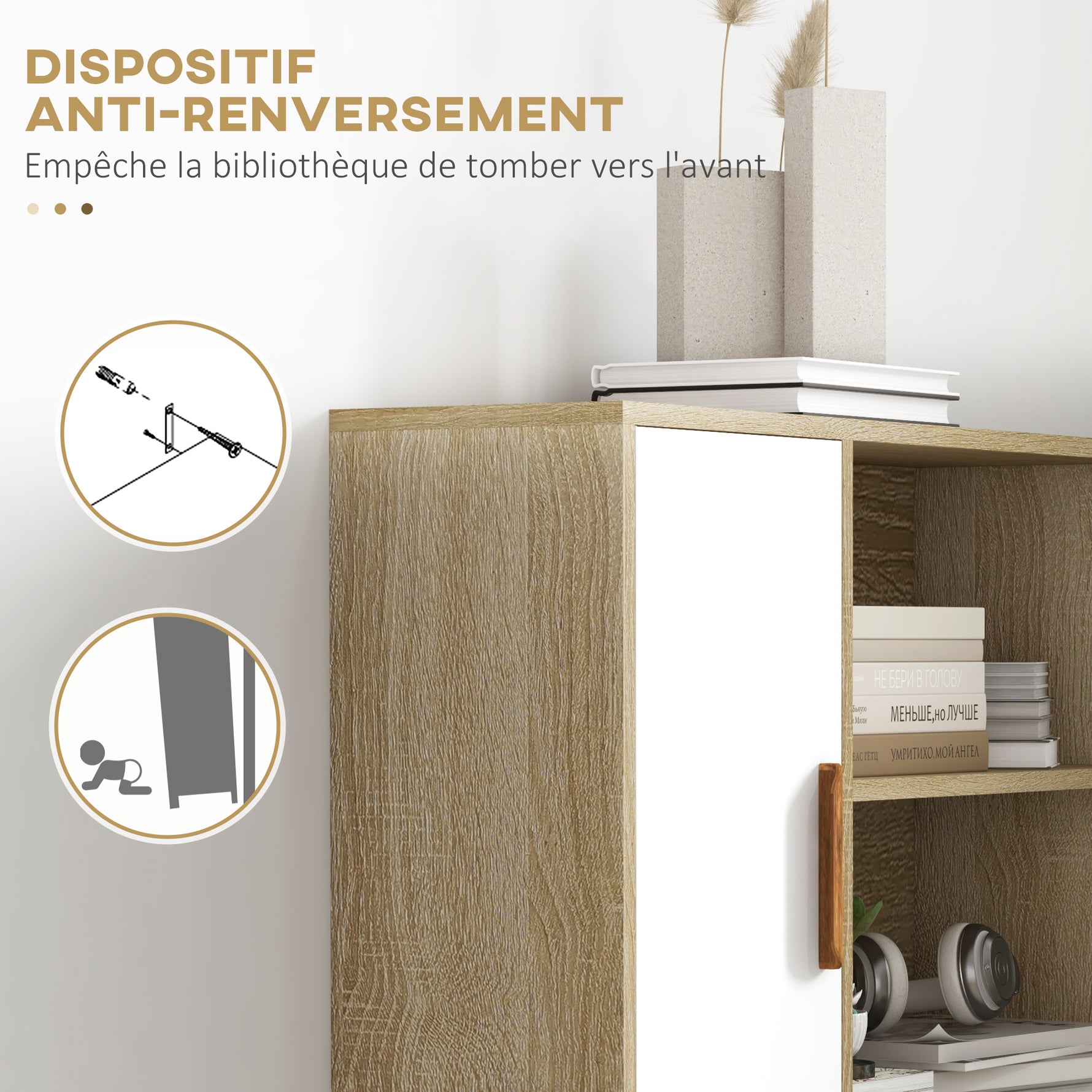 Bibliothèque scandinave 4 niches + 2 placards avec étagère dim. 80L x 24l x 123H cm Pieds effilés inclinés Bois Massif Chêne
