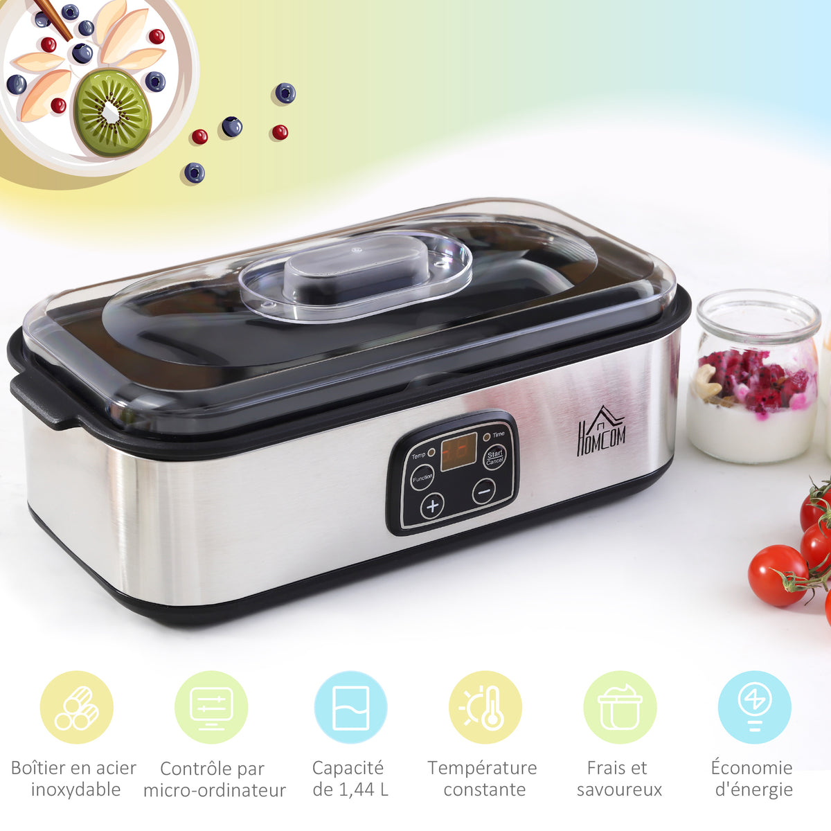 Yogurtiera con 8 vasetti in vetro da 180 ml, macchina per yogurt elettrica in acciaio inossidabile con timer, termostato regolabile e display digitale per dessert fatti in casa sani