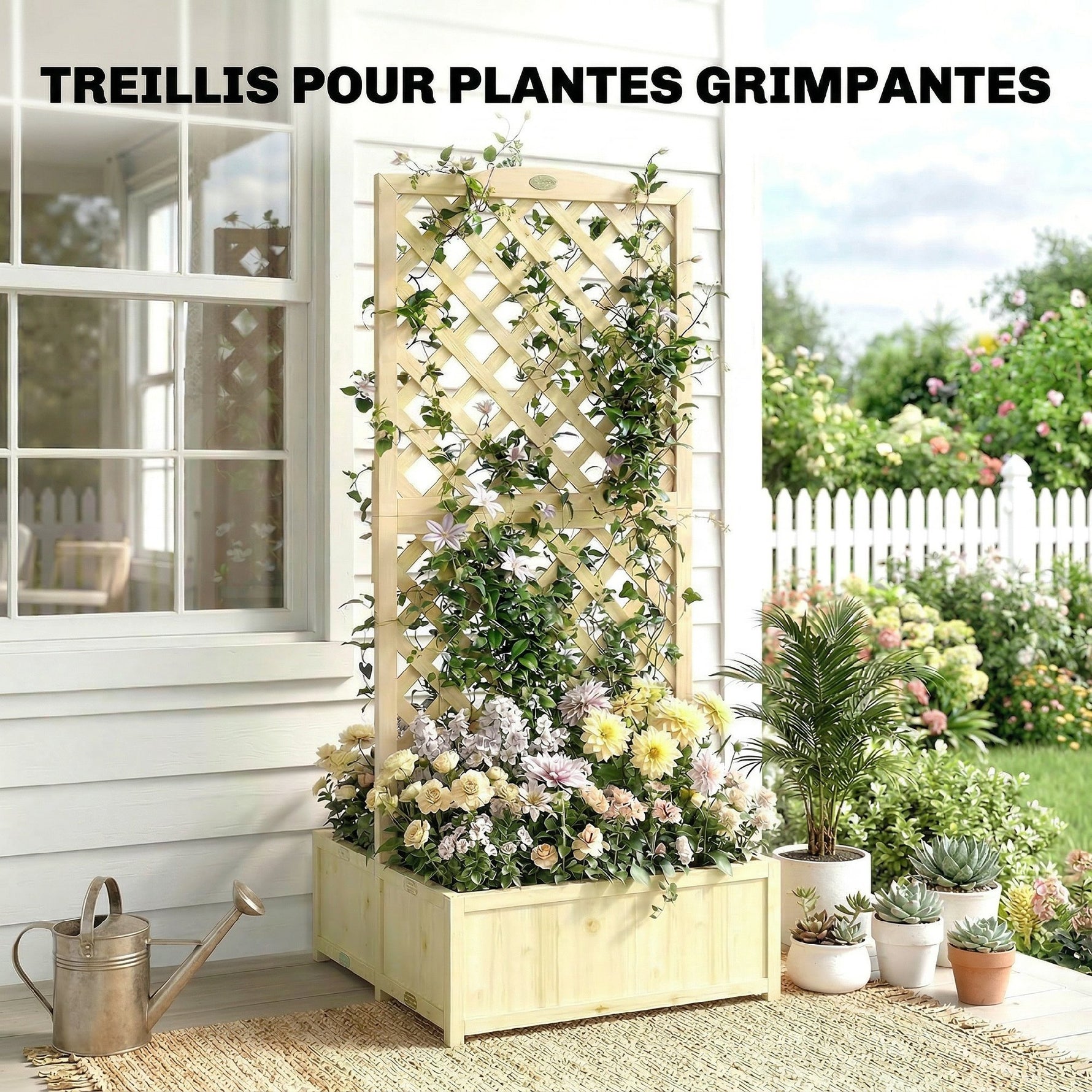 Jardinière avec Treillis Carré Potager Bois Pliable Double Bac à Fleurs pour Plantes Grimpantes 73 x 70 x 170 cm Naturel