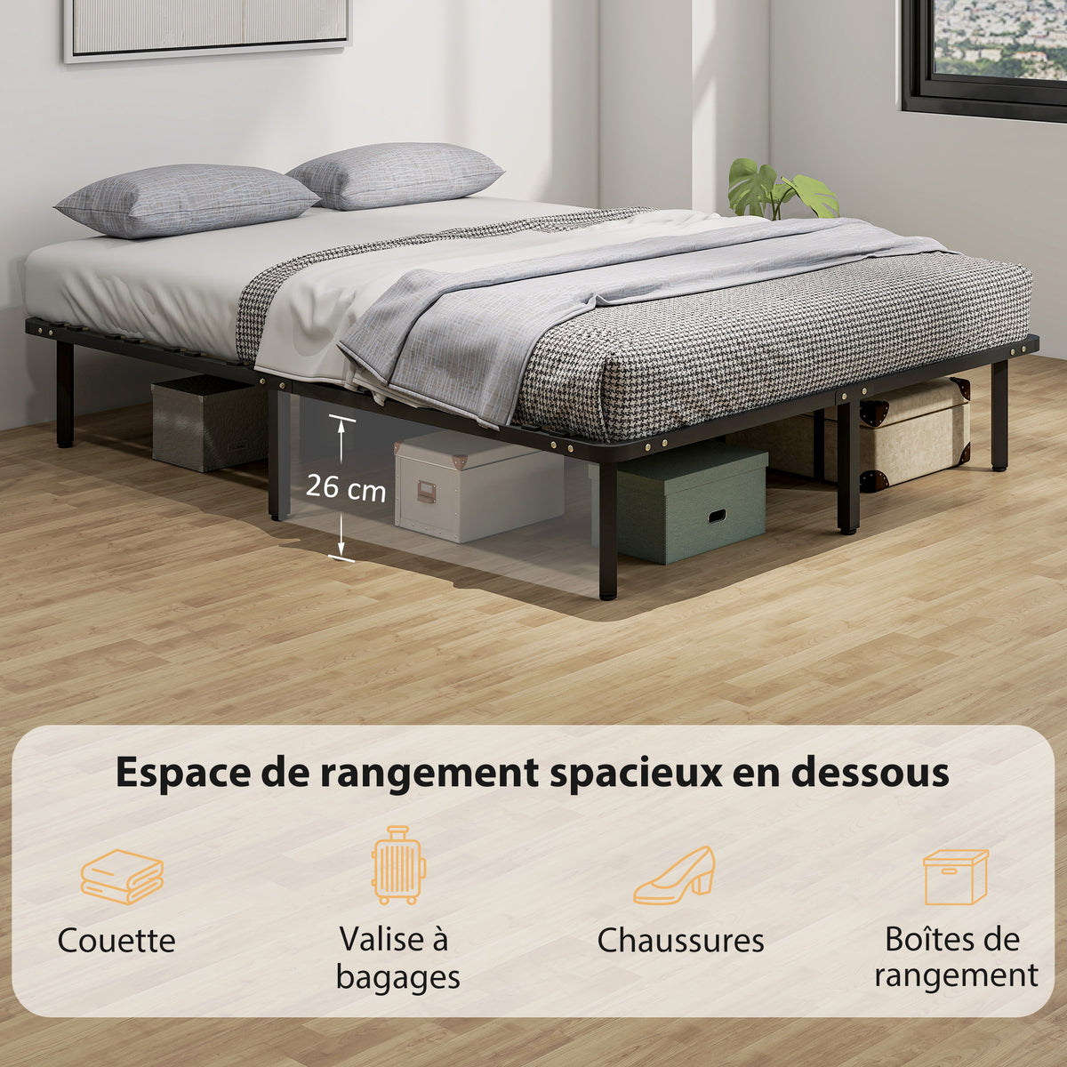 Bettgestell 160 x 200 cm, Doppelbett mit Lattenrost aus Massivholz und Fußteil, mit Stauraum darunter, schwarz