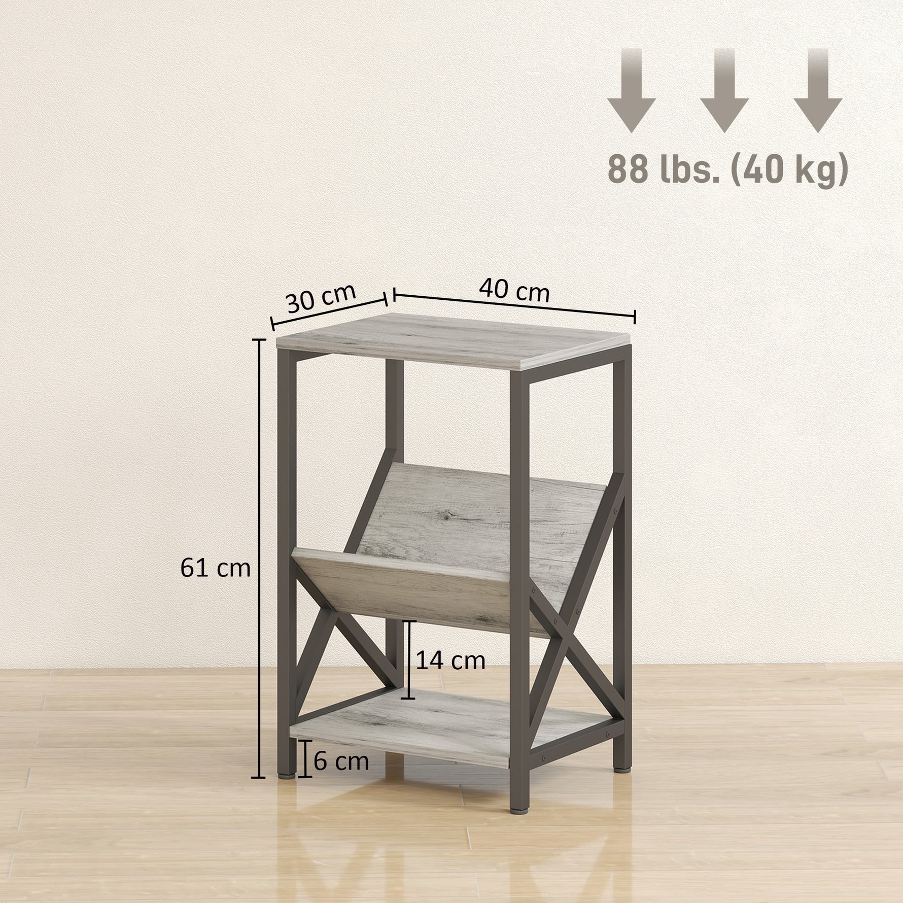 Table d'appoint étroite, bout de canapé rangement à 3 niveaux, porte-revues en V, cadre en acier, 40x30x61cm, gris foncé