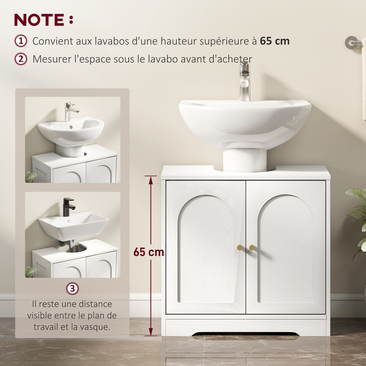 Meuble sous lavabo salle de bain avec placard à portes et étagère réglable, pour bassin avec ou sans pédestal, blanc