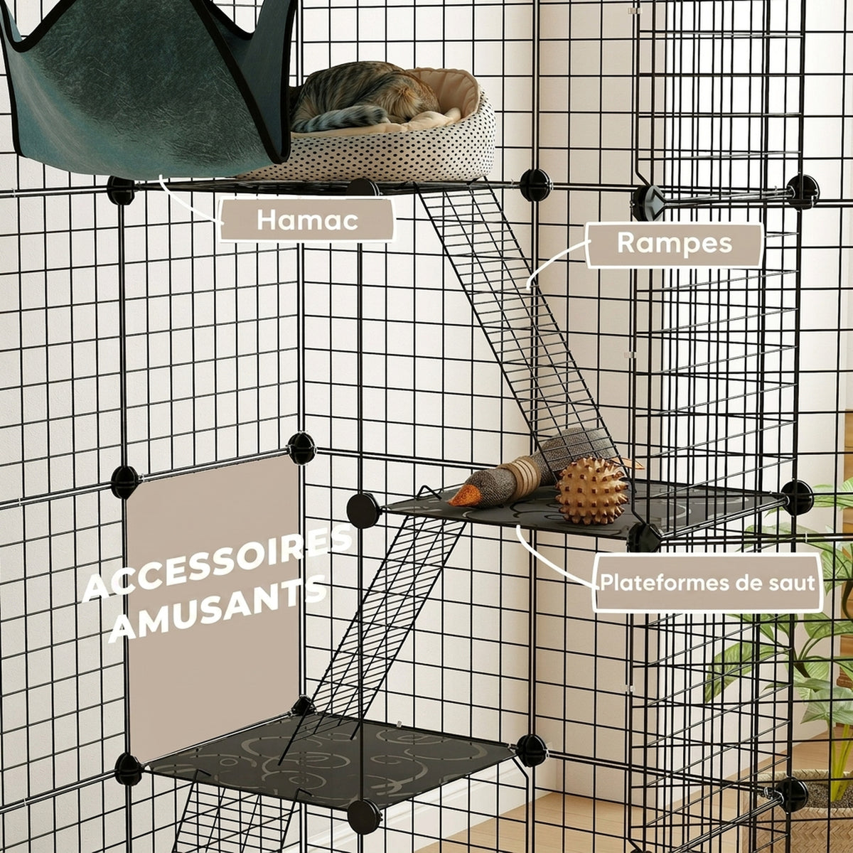 Indoor-Katzenkäfig, 4-stöckiger DIY-Katzenlaufstall aus Stahl mit 5 Türen und Hängematte, für 1-3 Katzen, 105 x 70 x 140 cm, Schwarz