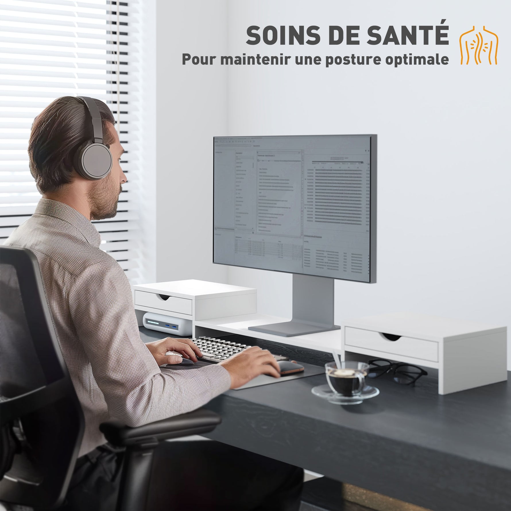 Rehausseur écran PC bureau support d'écran d'ordinateur de 60-116 cm avec 2 tiroirs, longueur et angle réglables
