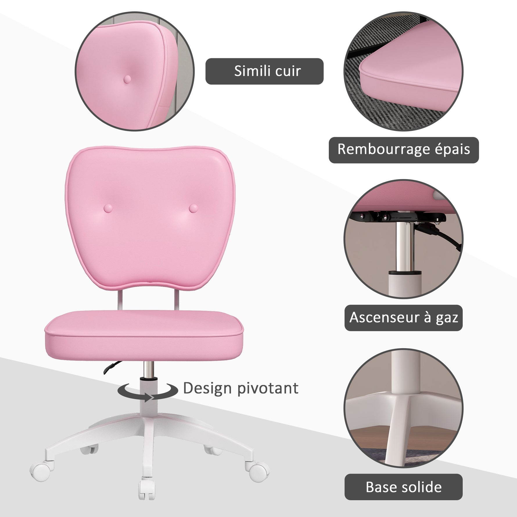Chaise de bureau sans accoudoirs, fauteuil de bureau, hauteur réglable, pivotant 360°, 46 x 59 x 82-92 cm, rose