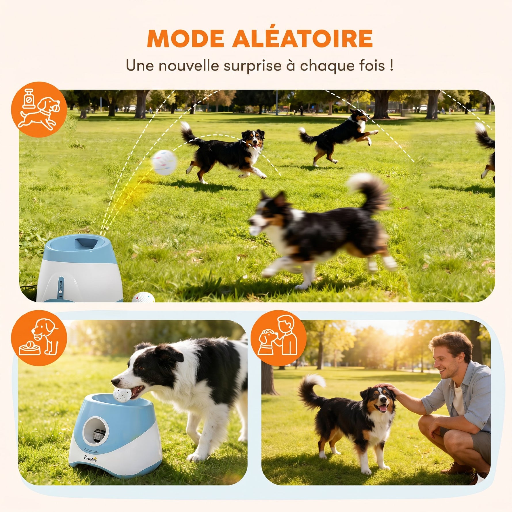 Lanceur de Balles Automatique avec 3 Balles en ETPU, 3 Réglages de Distance 6m/10m/14m, Intérieur et Extérieur, Bleu