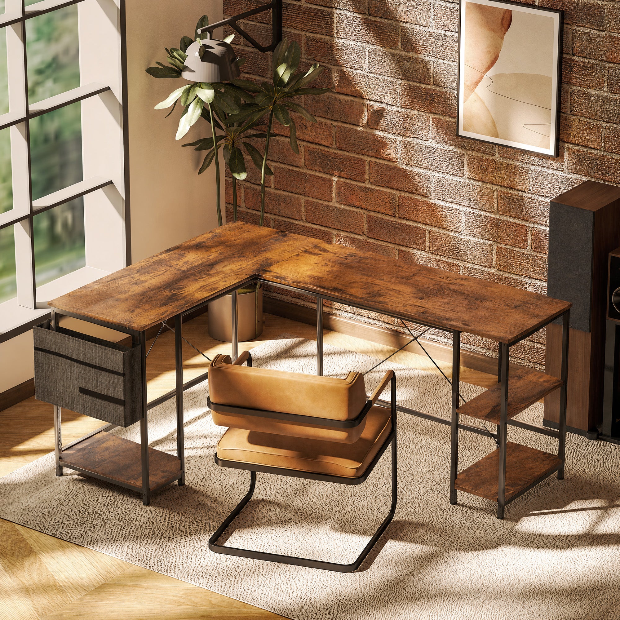 Bureau d'angle réversible, 168-240 cm, bureau d'ordinateur avec étagère réglable, support d'écran, brun rustique