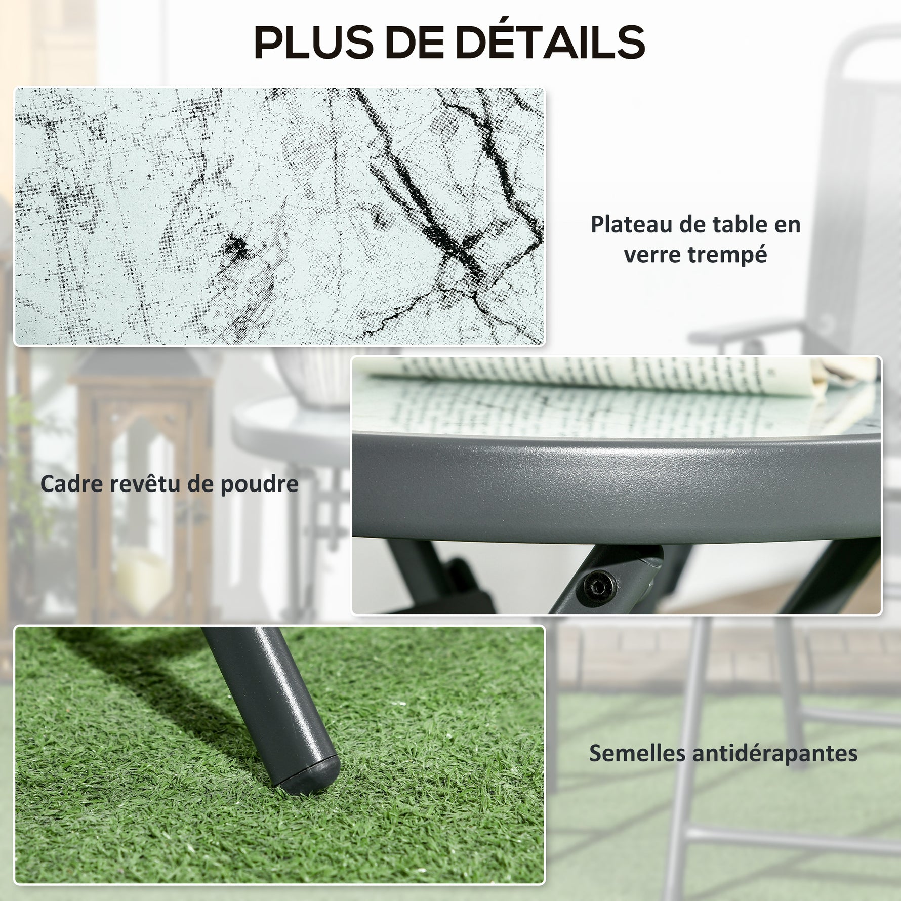 Table basse pliante table d'appoint pliante plateau effet marbre en verre trempé structure métal ronde Ø45 x 50 cm blanc