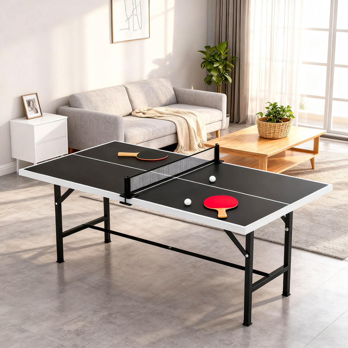 Opvouwbare mini-tafeltennistafel voor binnen en buiten met 2 massief houten batjes, 3 balletjes en net 152x76x70cm zwart