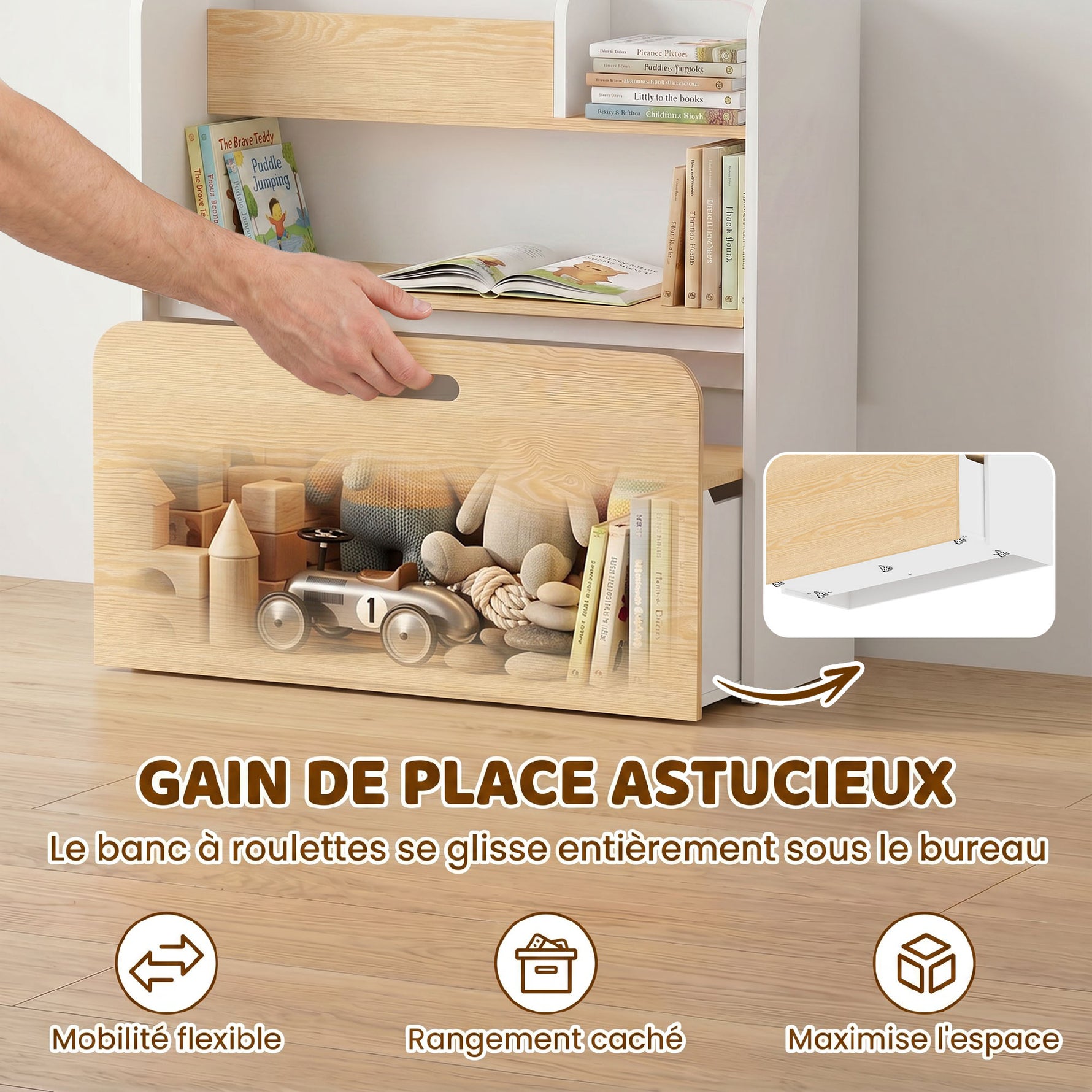 Bureau et Chaise pour Enfant 5 en 1 avec Bibliothèque et Banc Coffre à Roulettes, pour 3 à 8 Ans, Blanc