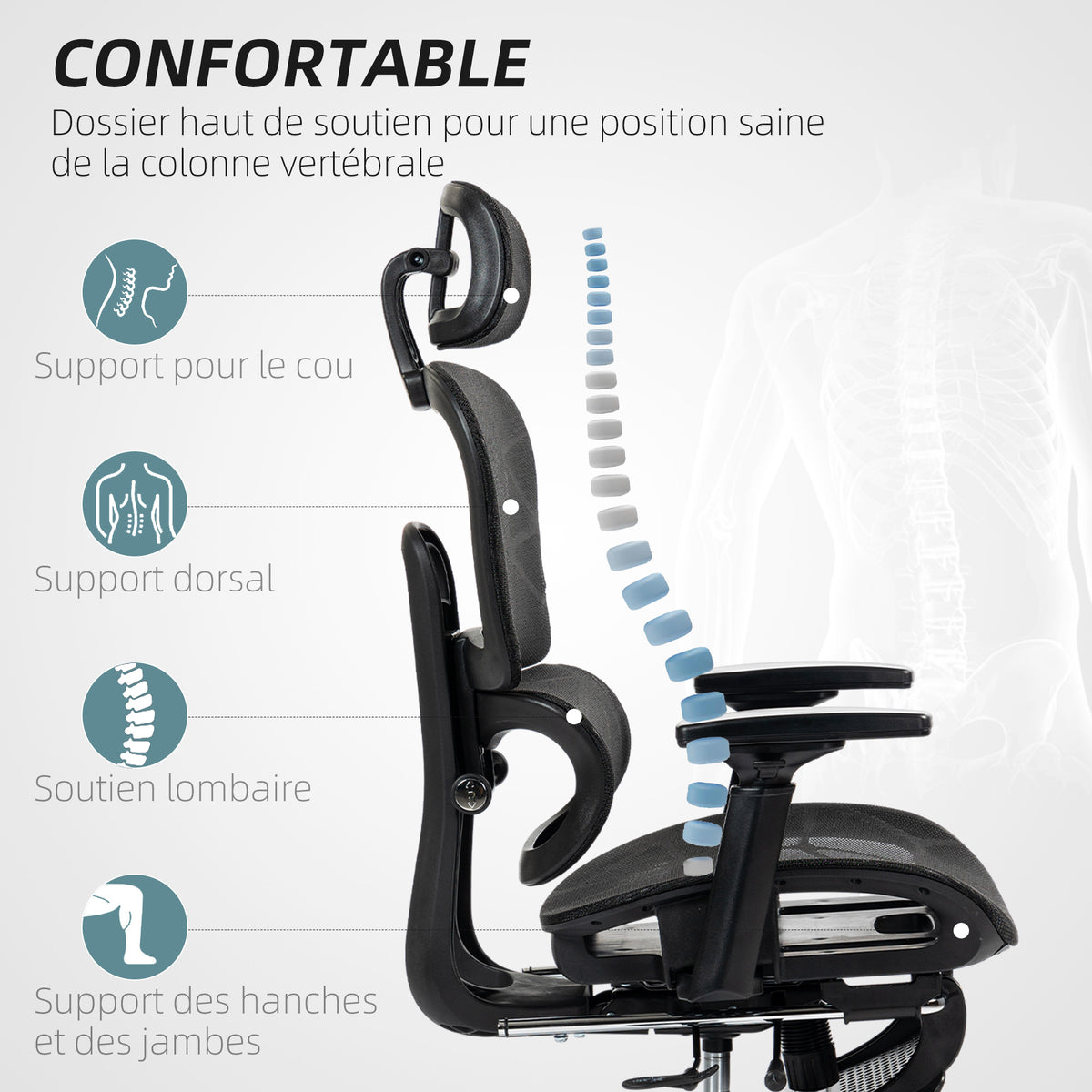 Fauteuil de bureau, chaise de bureau ergonomique en maille avec accoudoirs 3D, dossier inclinable, 66x64x122 cm, noir
