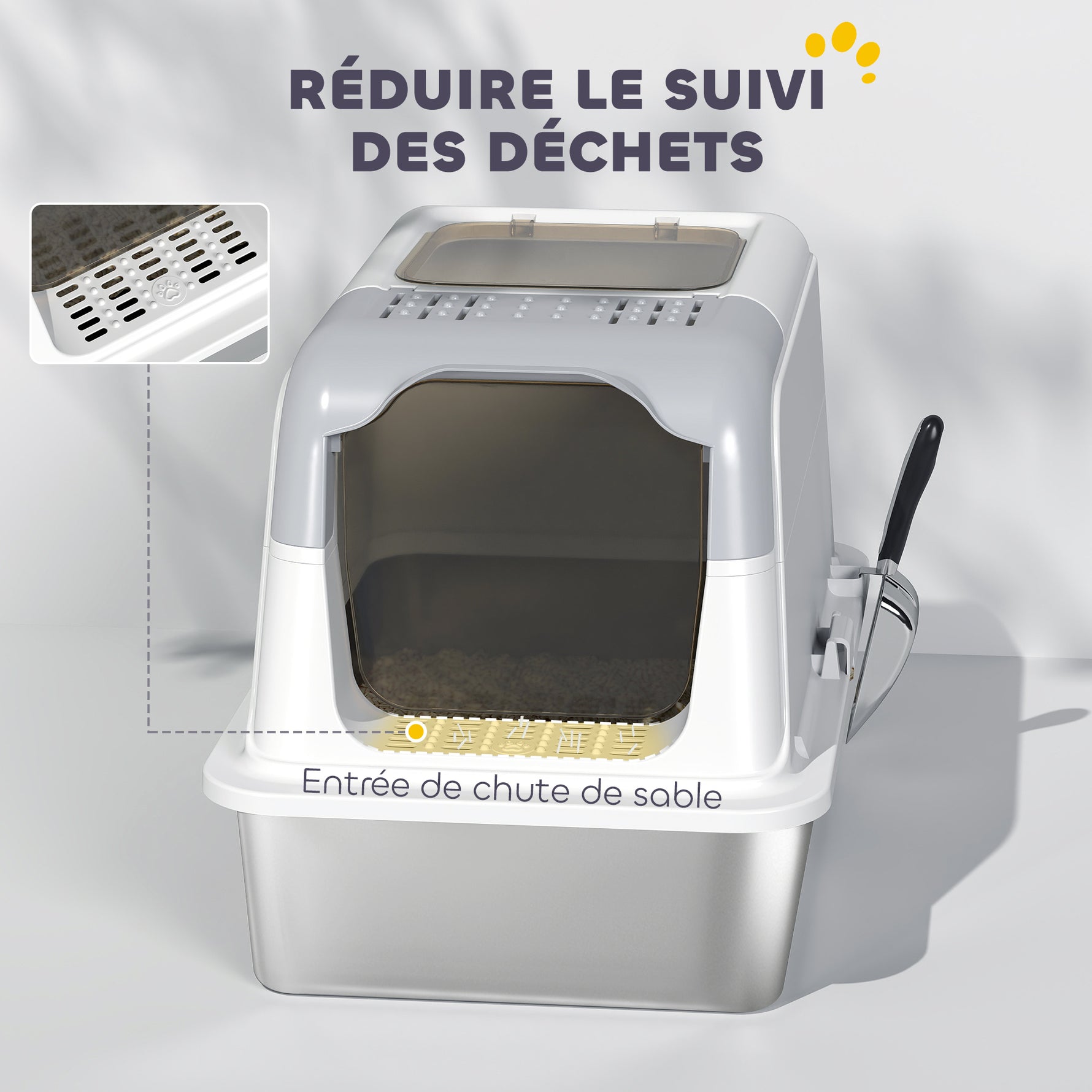 Maison de toilette pour chat bac à litière fermé bac acier inoxydable, nettoyage facile, 60,4 x 40,4 x 41,8 cm, blanc
