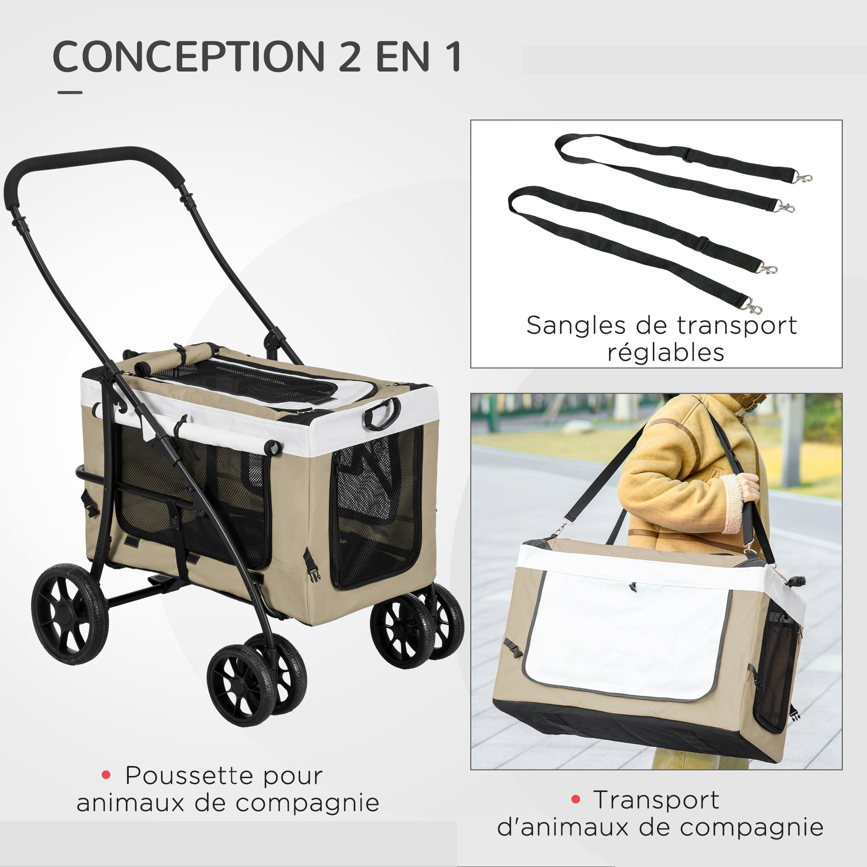 Poussette pliable animaux chien chat nacelle amovible bandoulières 4 roues 81 x 58 x 97,5 cm kaki