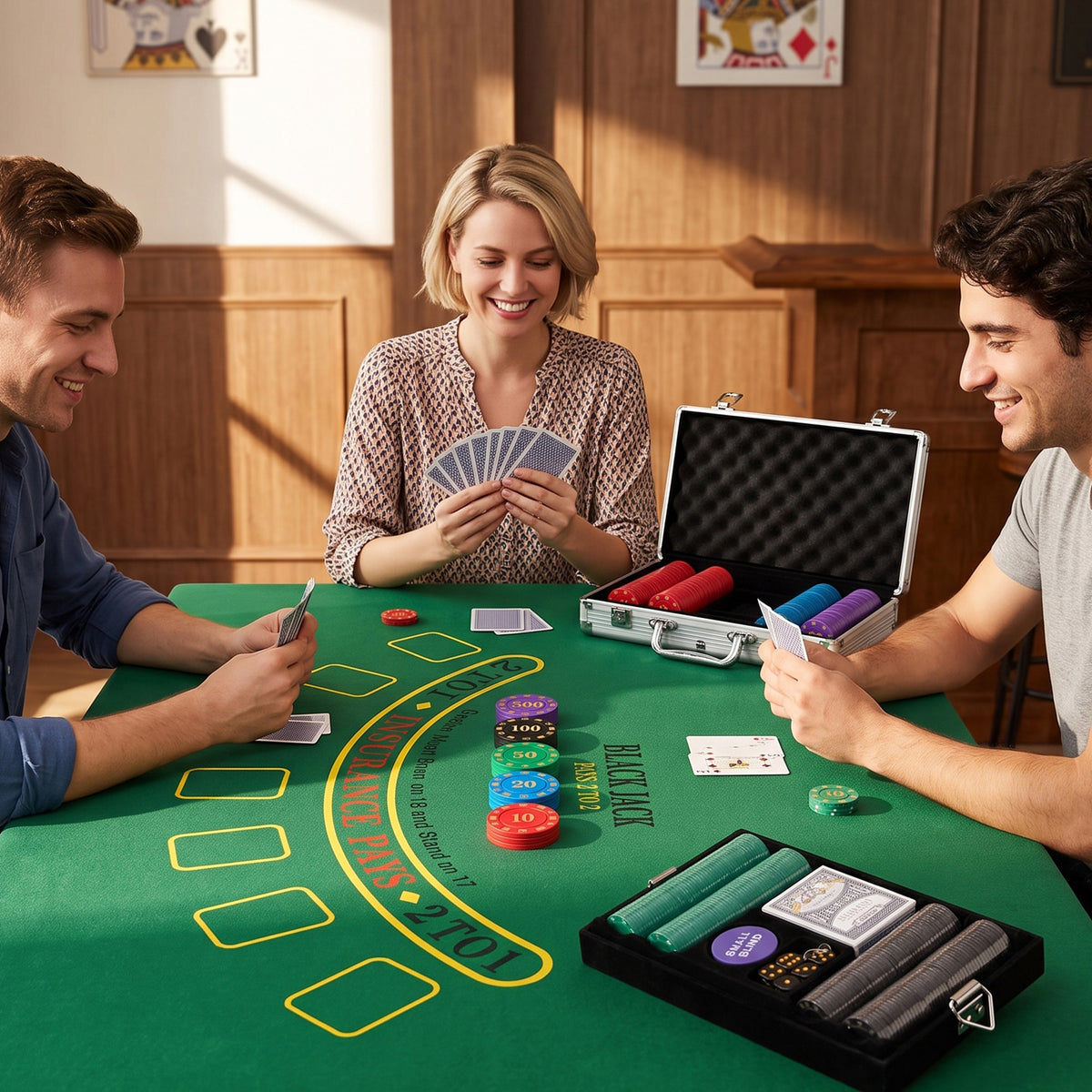 500-Chip Poker Case, 5 Denominations, 2 Decks of Cards, Playing Mat, Dealer Button, Blinds, Aluminum, 31x17x11.5cm, Silver