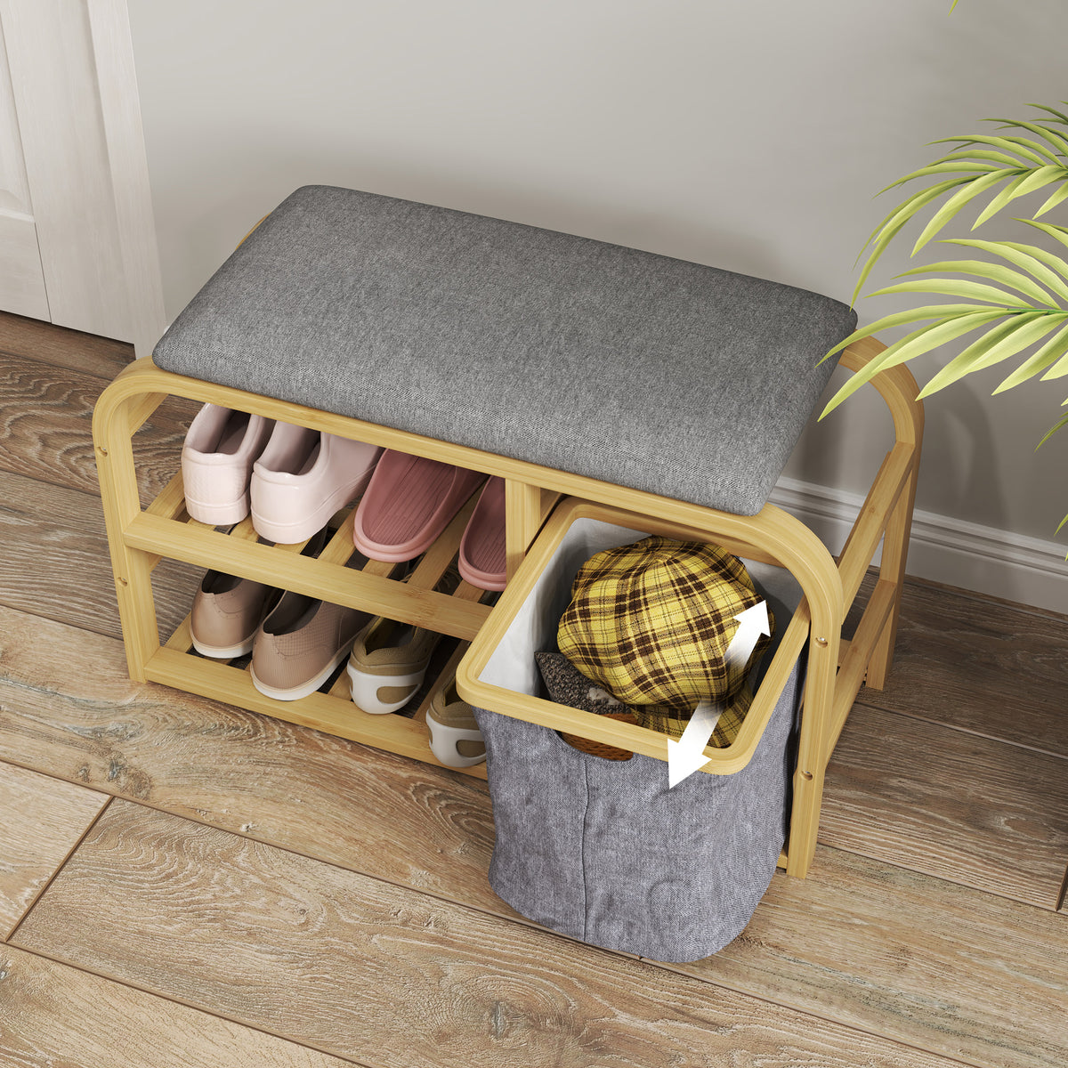 Banc à chaussures avec coussin d'assise, 2 étagères à lattes et panier en tissu coulissant, 70x30x45cm, bois naturel-6