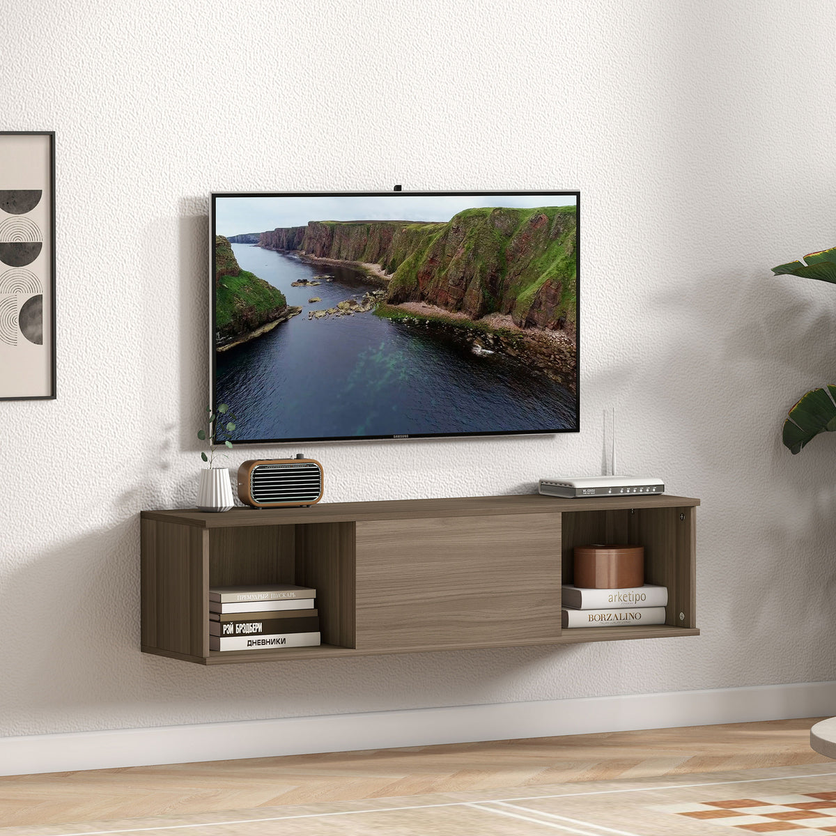 Meuble TV suspendu, Armoire murale avec 2 compartiments ouverts et porte rabattable, 120 x 30 x 29,5 cm, marron