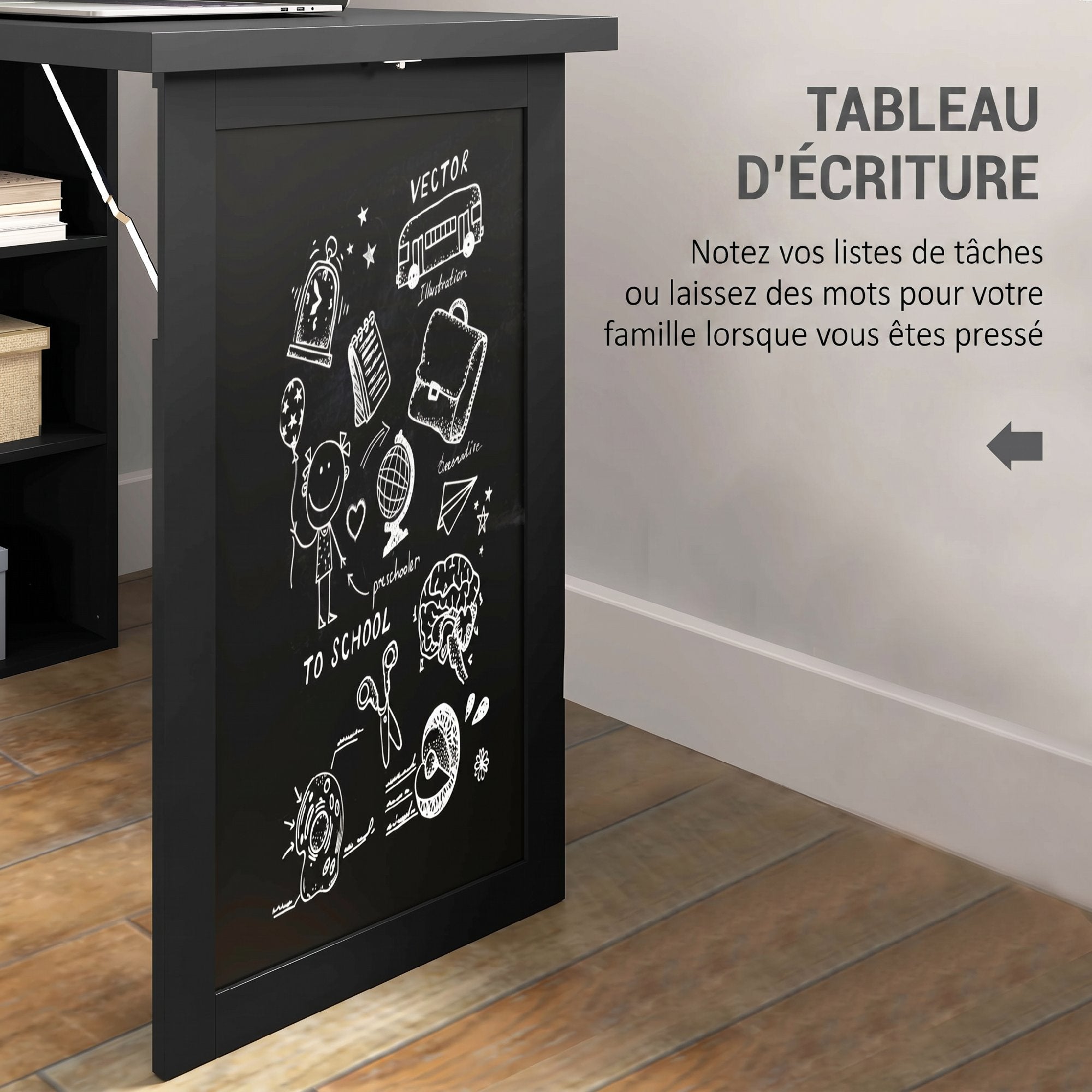 Bureau d'ordinateur pliable avec bibliothèque, poste de travail, tableau noir et étagère réglable, 98x51x153cm, noir