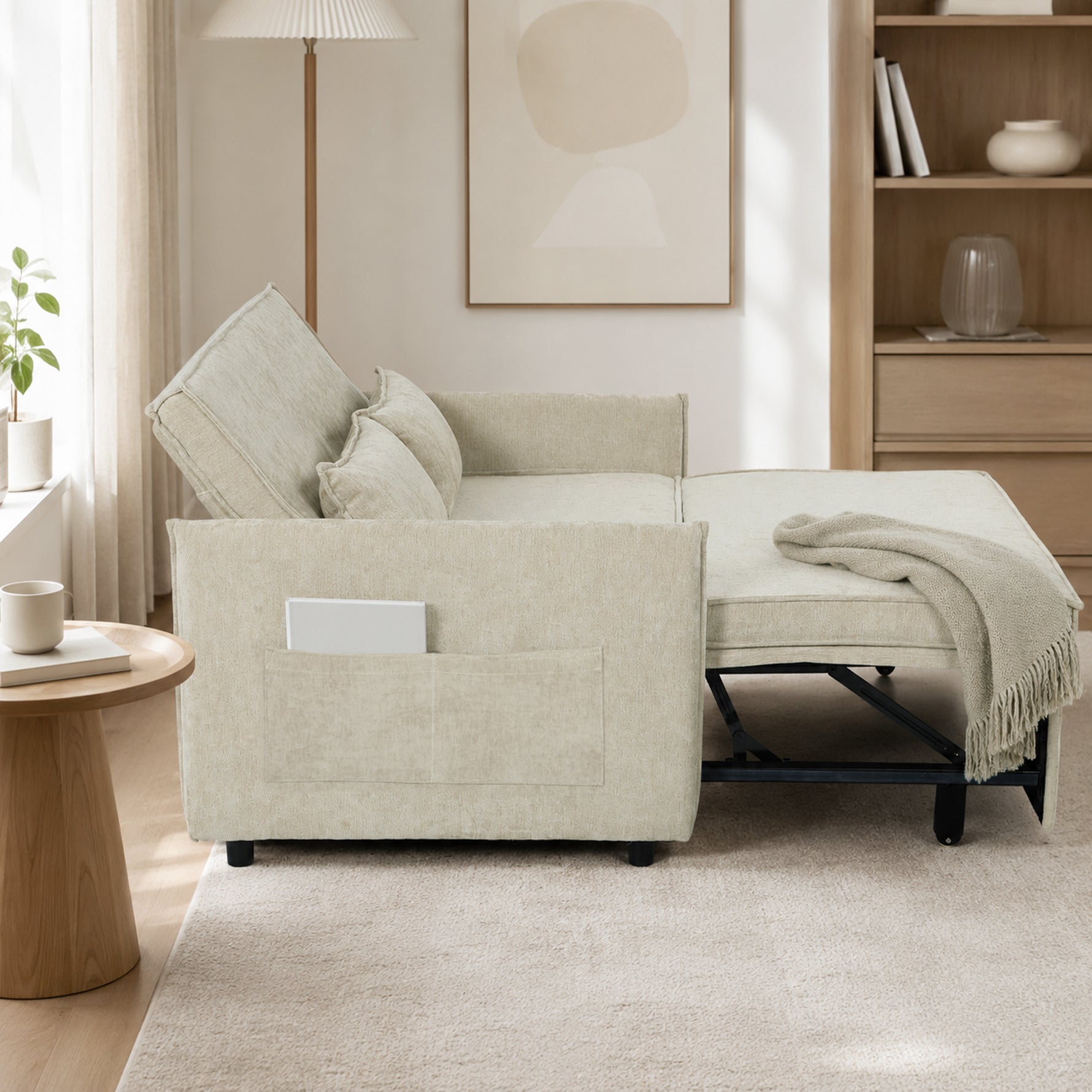 Canapé Convertible 2 Places, Canapé-Lit 3 en 1 Chenille 125 cm avec Dossier Réglable, Assise Large, 2 Oreillers, Crème