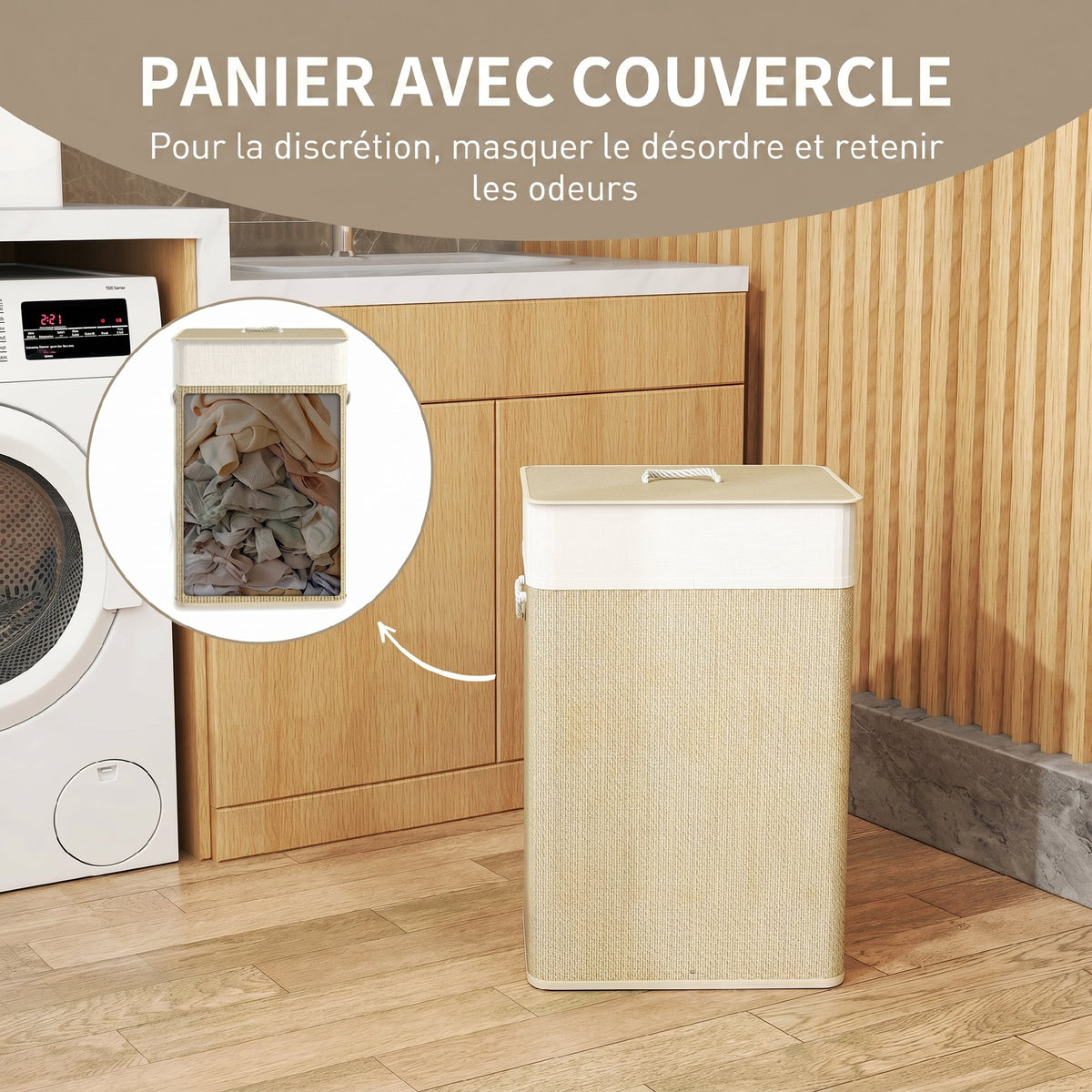 Panier à linge 72 L, corbeille à linge sale en bambou avec couvercle, poignées en corde, doublure amovible, crème