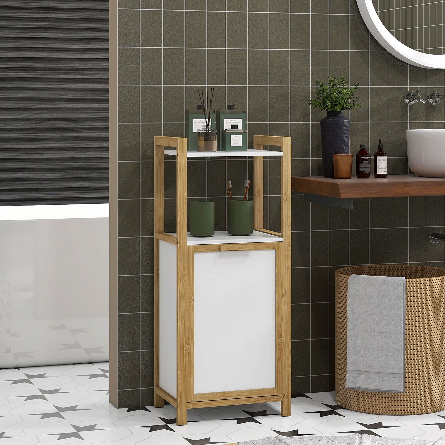 Meuble sur pied en bambou panier à linge salle de bain gain de place - 2 étagères - dim. 40L x 30l x 86,5H cm
