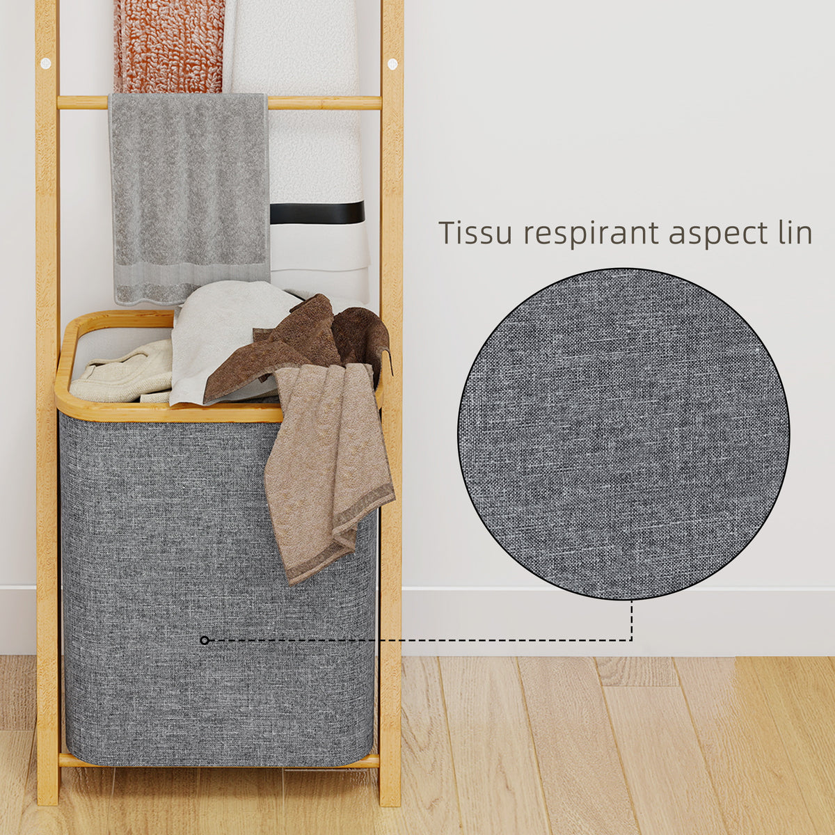 Bamboo towel rack with laundry basket, towel ladder with 1 laundry basket, 43 x 35 x 133 cm, gray
