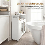 Meuble de Salle de Bain sur Roulettes, Portes en Verre Trempé, Compartiment Ouvert, Étagère Réglable, 71x20x70cm, Blanc