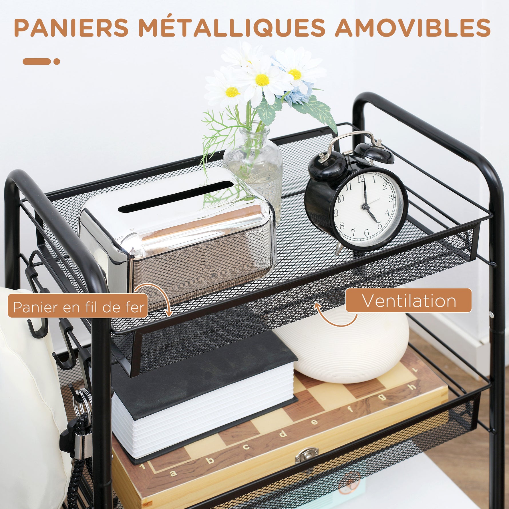 Chariot à 3 niveaux avec paniers desserte à roulettes chariot de rangement roulante 45 x 26,5 x 63 cm Noir