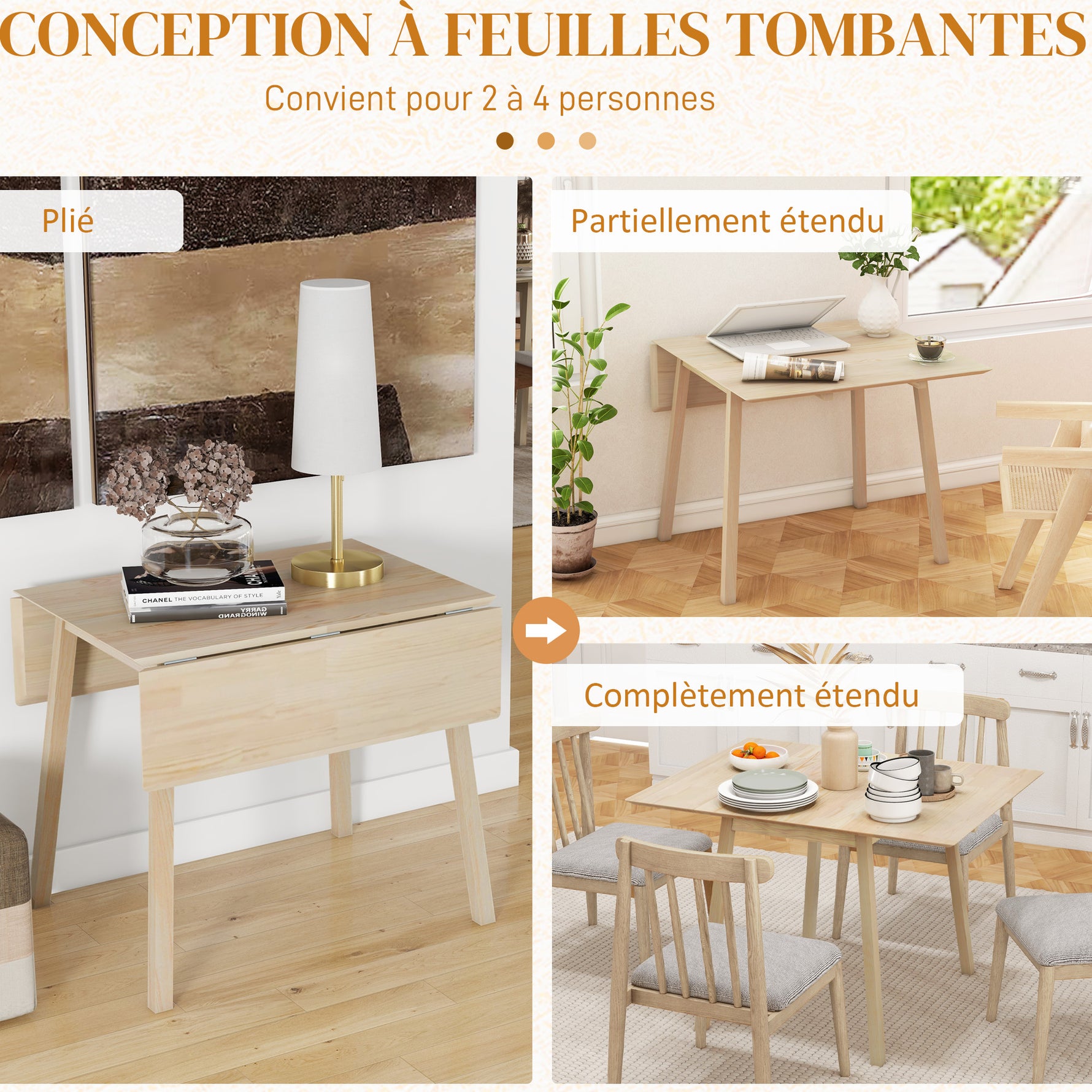 Table de cuisine pliable table à manger pliante avec plateau rabattable en bois pour 2 à 4 personnes bois naturel