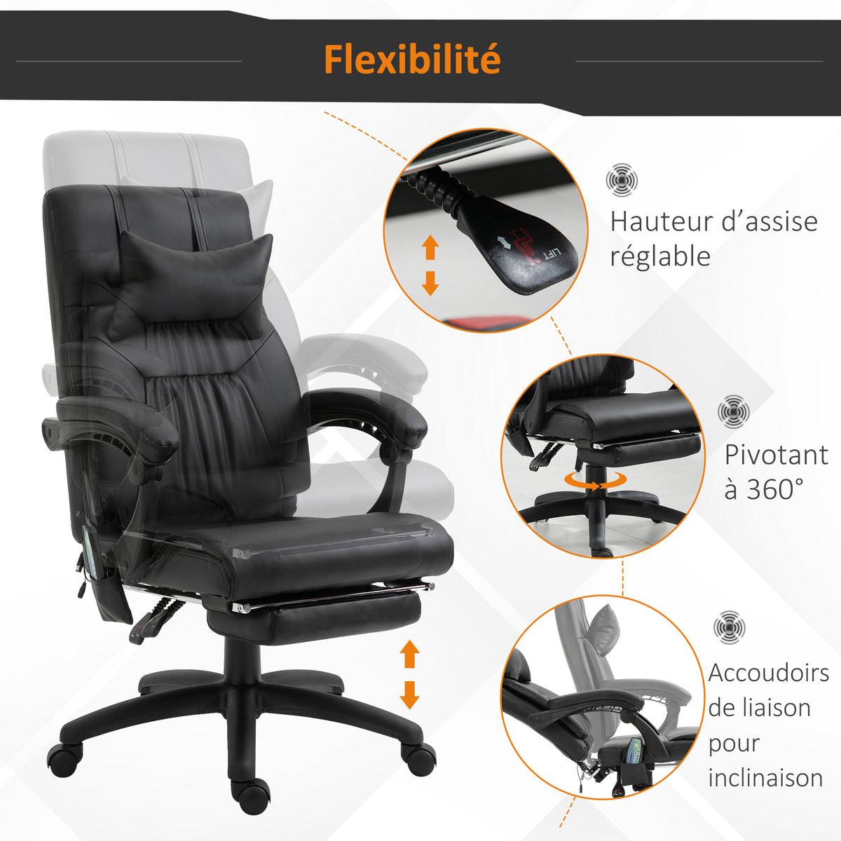 Fauteuil de bureau manager massant repose-pied + tétière intégrés dossier inclinable hauteur réglable 68 x 79 x 104-112 cm noir