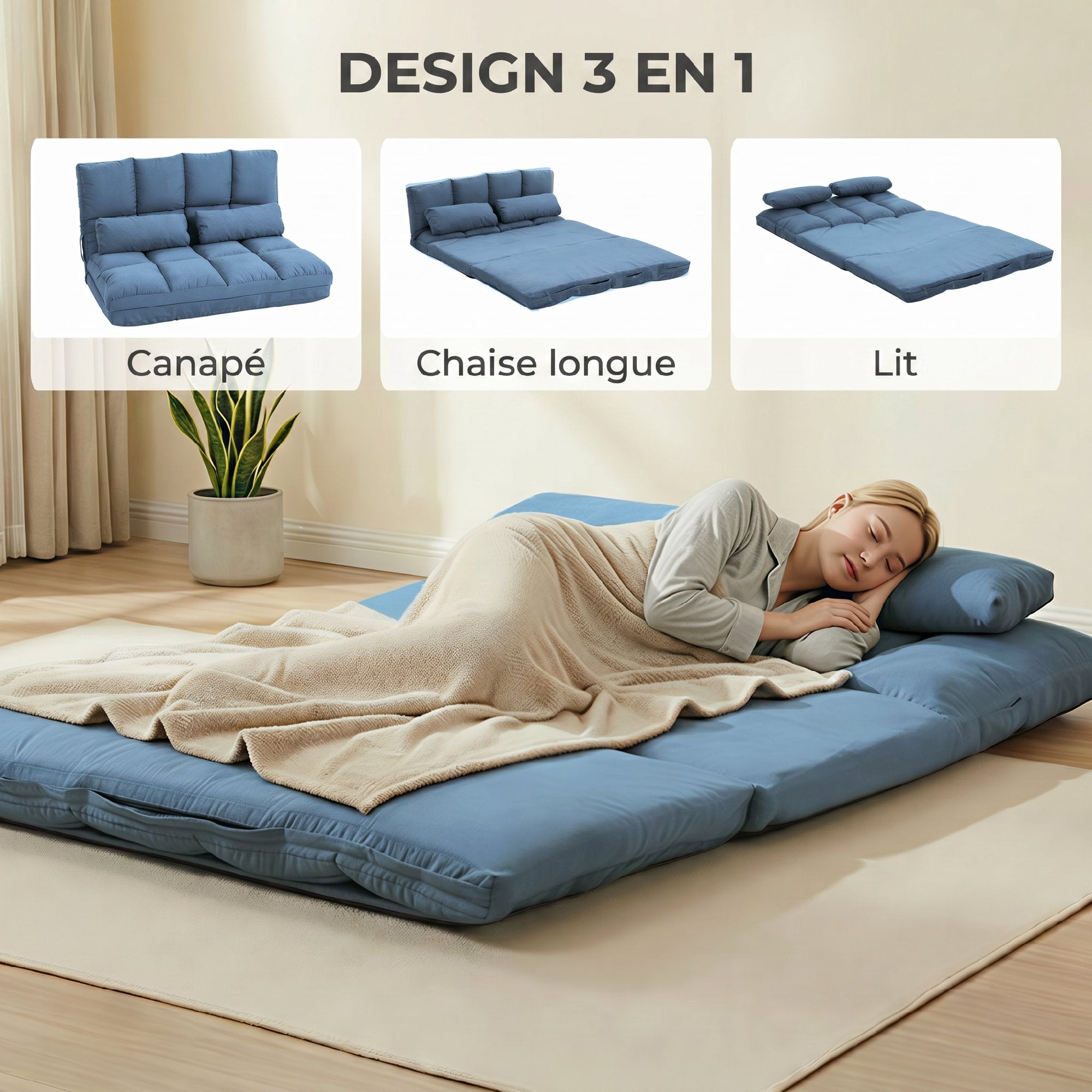 Opvouwbare slaapfauteuil - rugleuning in 14 standen verstelbaar - inclusief 2 kussens, blauw