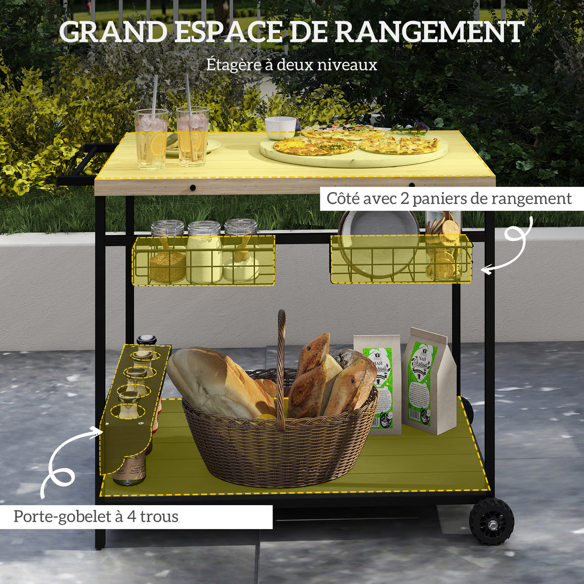 Desserte de jardin chariot pour plancha barbecue en bois et métal avec poignée 2 plateaux 2 paniers et porte-bouteilles
