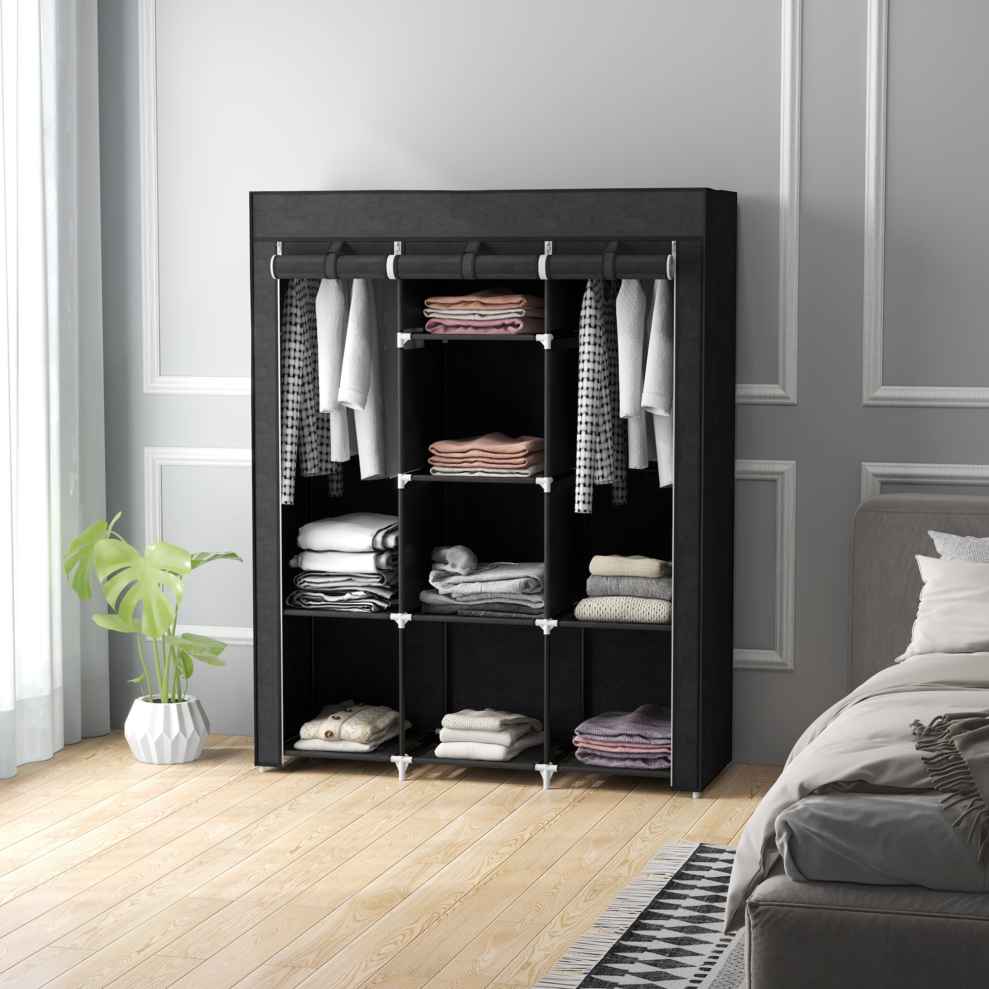 Armoire penderie multi-rangement - 8 étagères, 2 barres - non tissé noir
