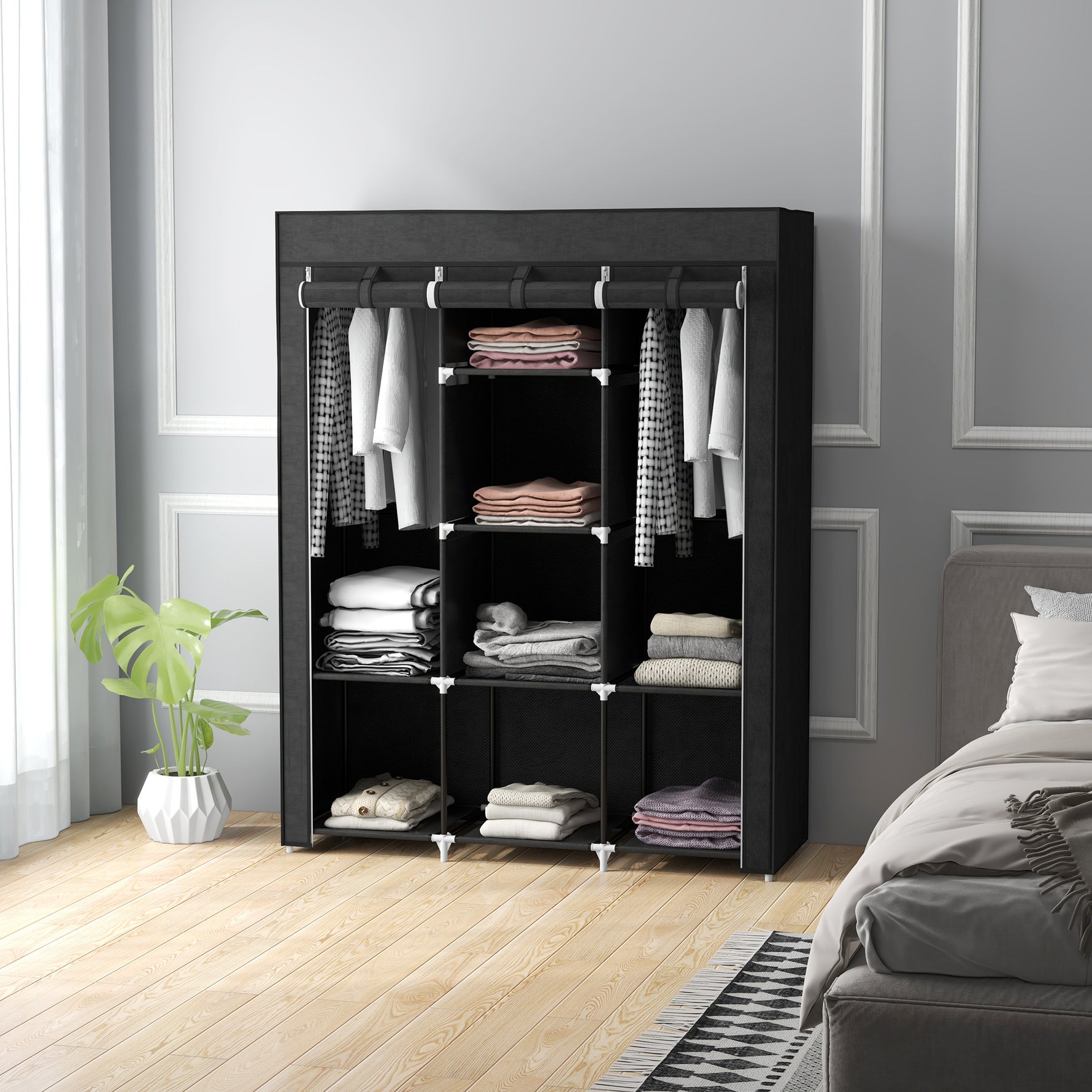 Armoire penderie multi-rangement - 8 étagères, 2 barres - non tissé noir