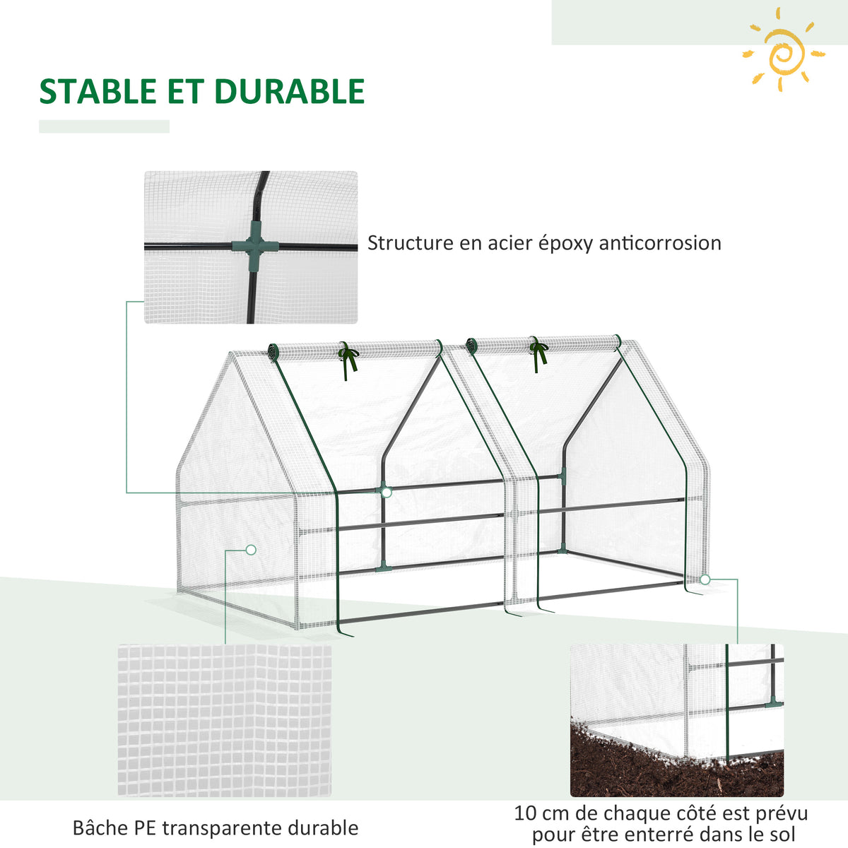 Mini Serre de Jardin mini serre tunnel 180L x 90l x 90H cm toit pointu Acier PE 140 g/m² Anti-UV fenêtres avec