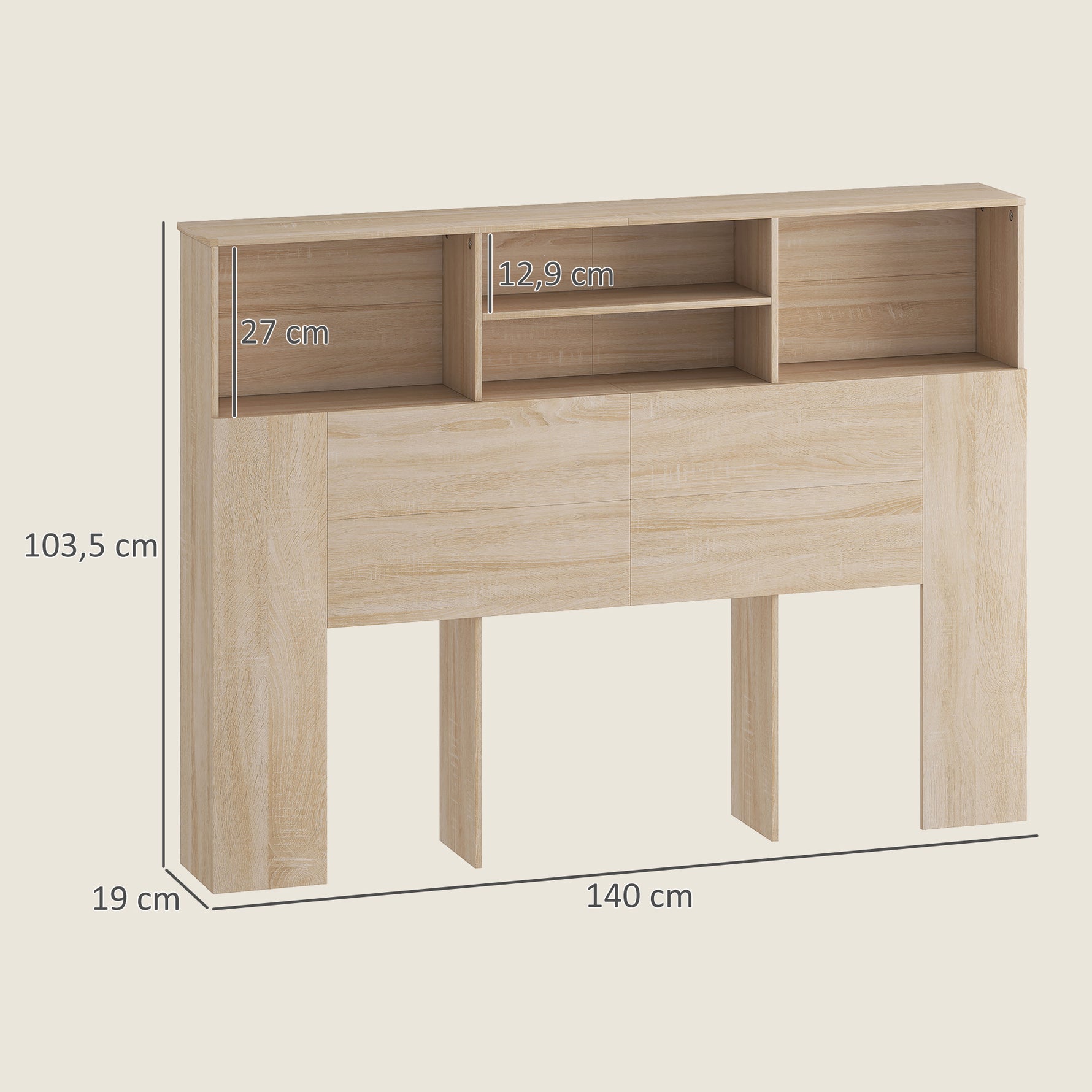 Tête de lit sur pied avec rangements, accessoire de lit 4 compartiments ouverts, 140 x 19 x 103,5 cm, effet bois naturel